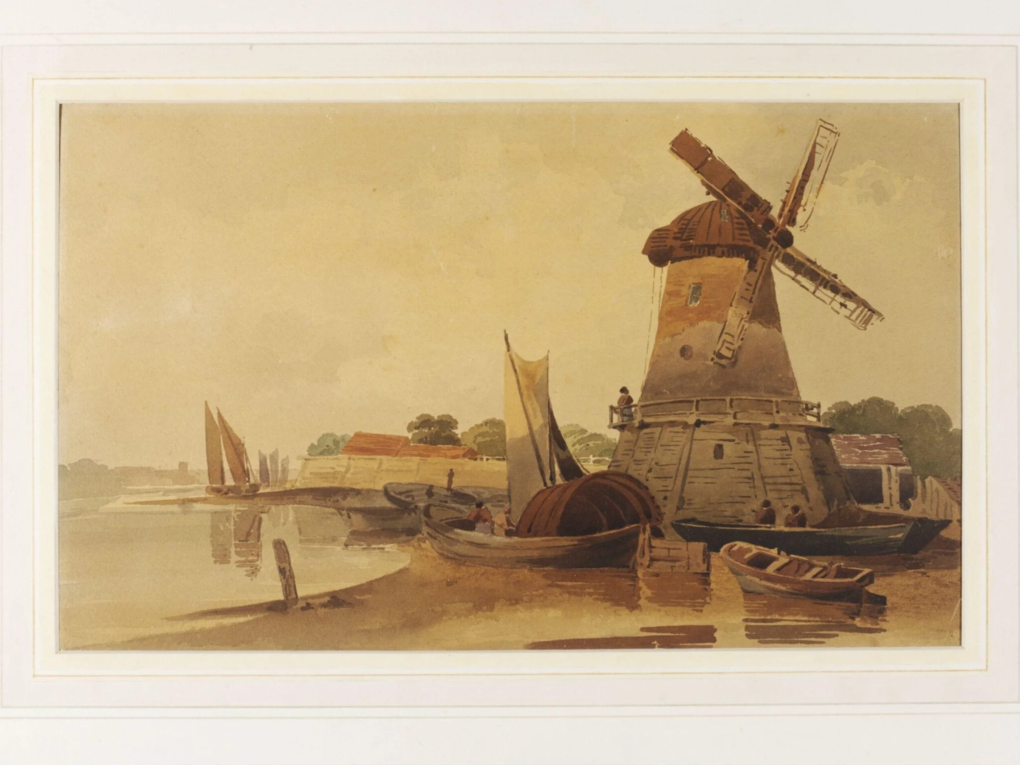 View on the Thames, with windmill and boats, by Charles Calvert, watercolor, 1812