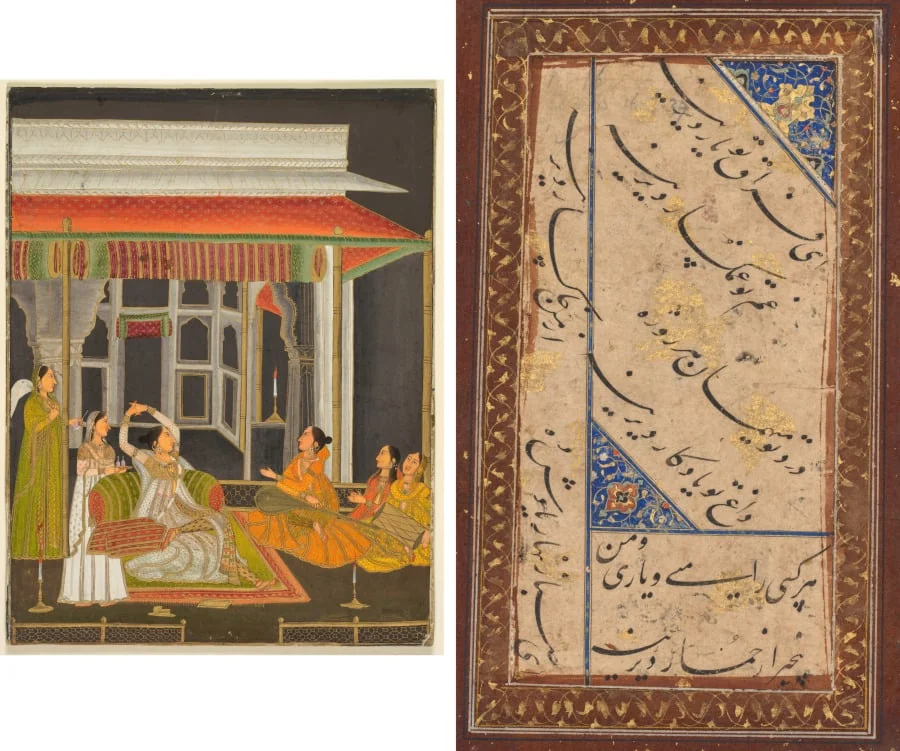 A princess on a terrace with attendants at night (recto); Calligraphy (verso), by Unknown, unspecified, 1760
