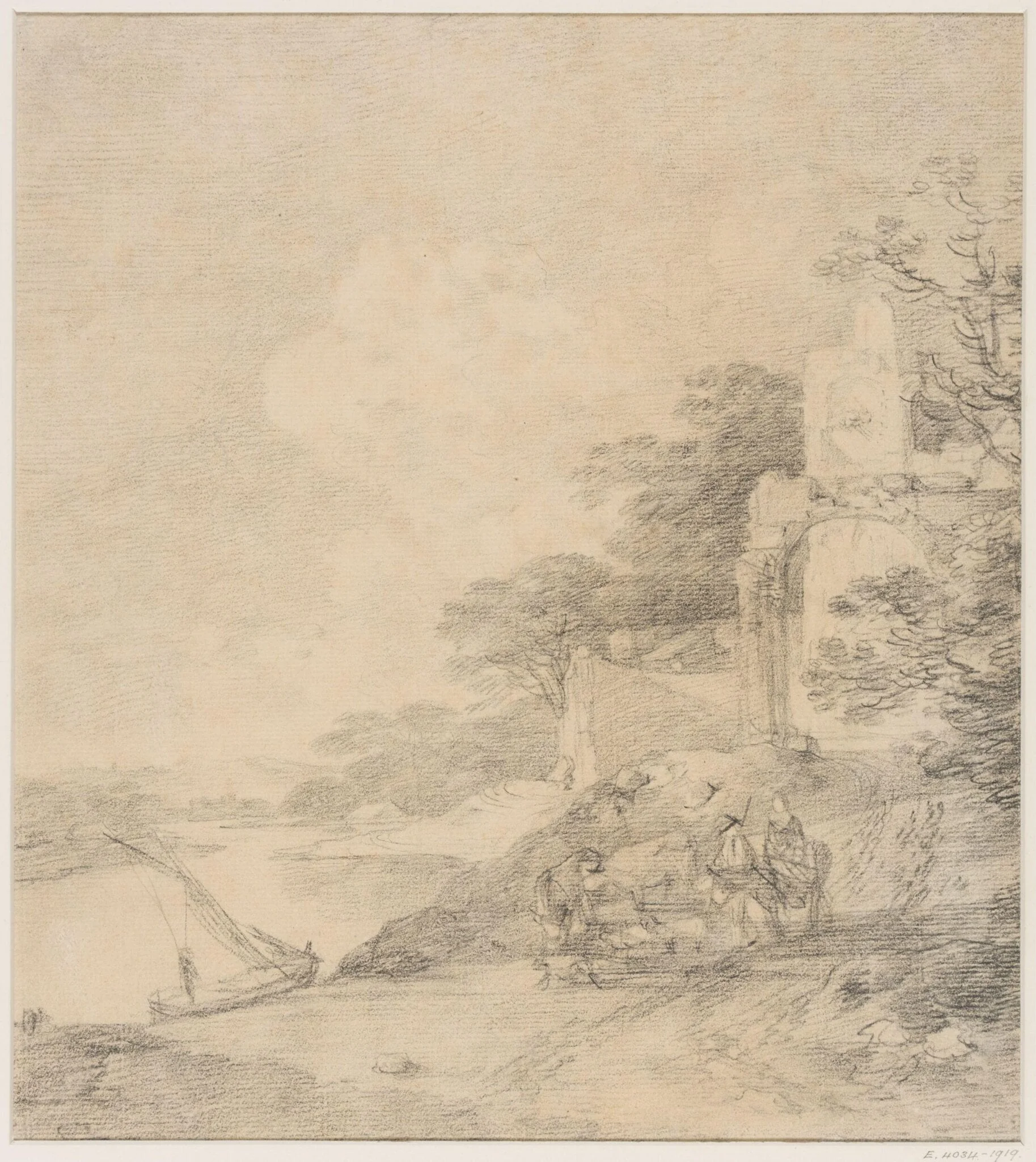 Landscape with figures and ruin by a river