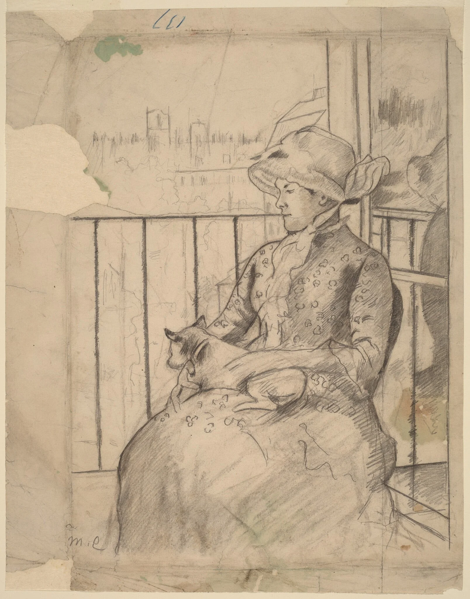 Susan on a Balcony Holding a Dog [recto], by Mary Cassatt, graphite, 1883