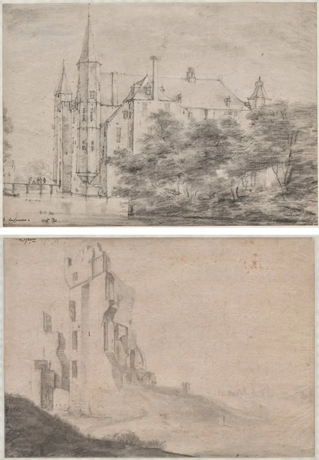 Zuylen Castle, near Utrecht (recto)/Ruin of the huis Ter Kleef, near Haarlem (verso), by Roelant Roghman, 1646