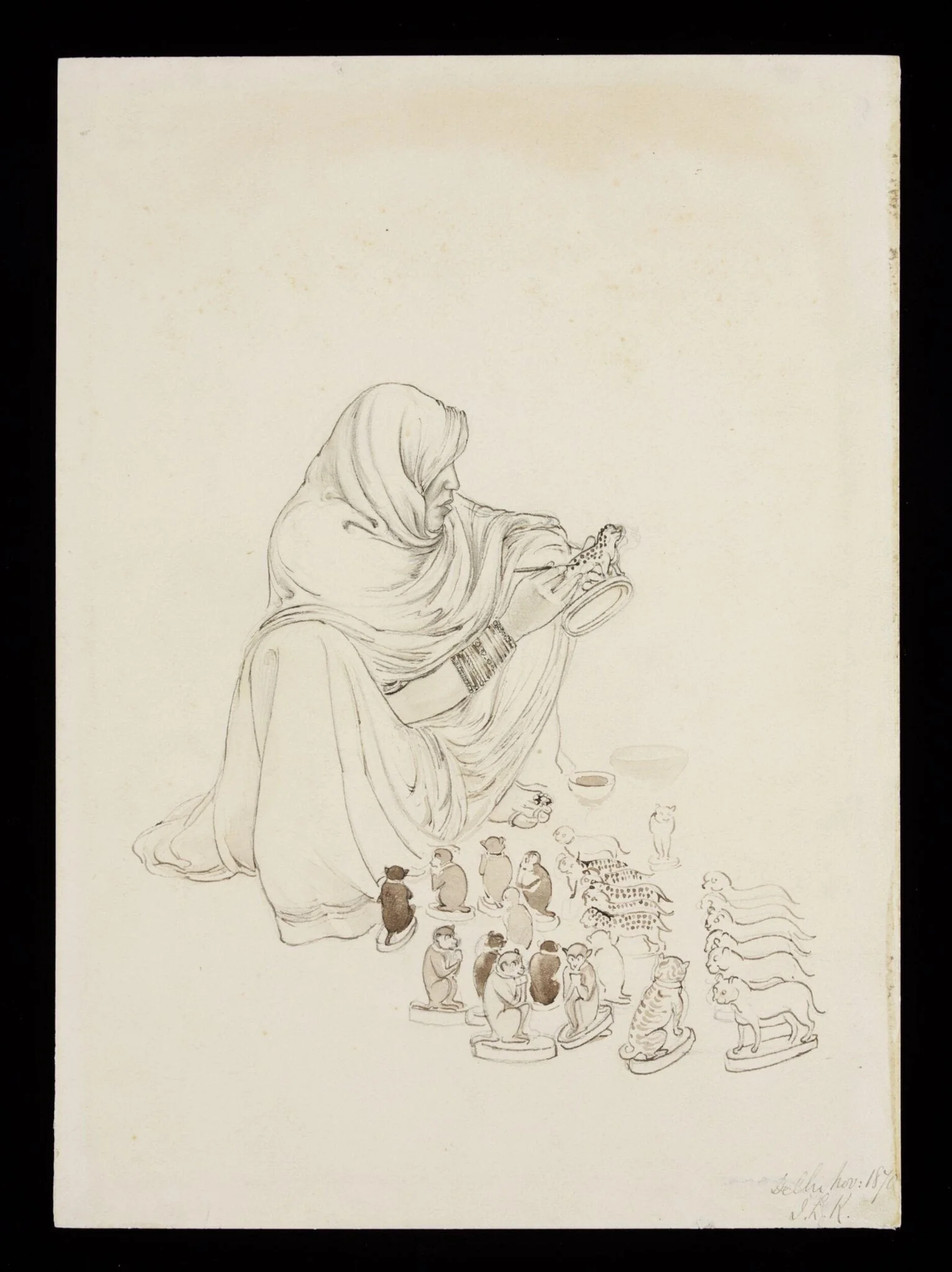 A seated woman painting spots on a toy leopard, by John Lockwood Kipling, 1870