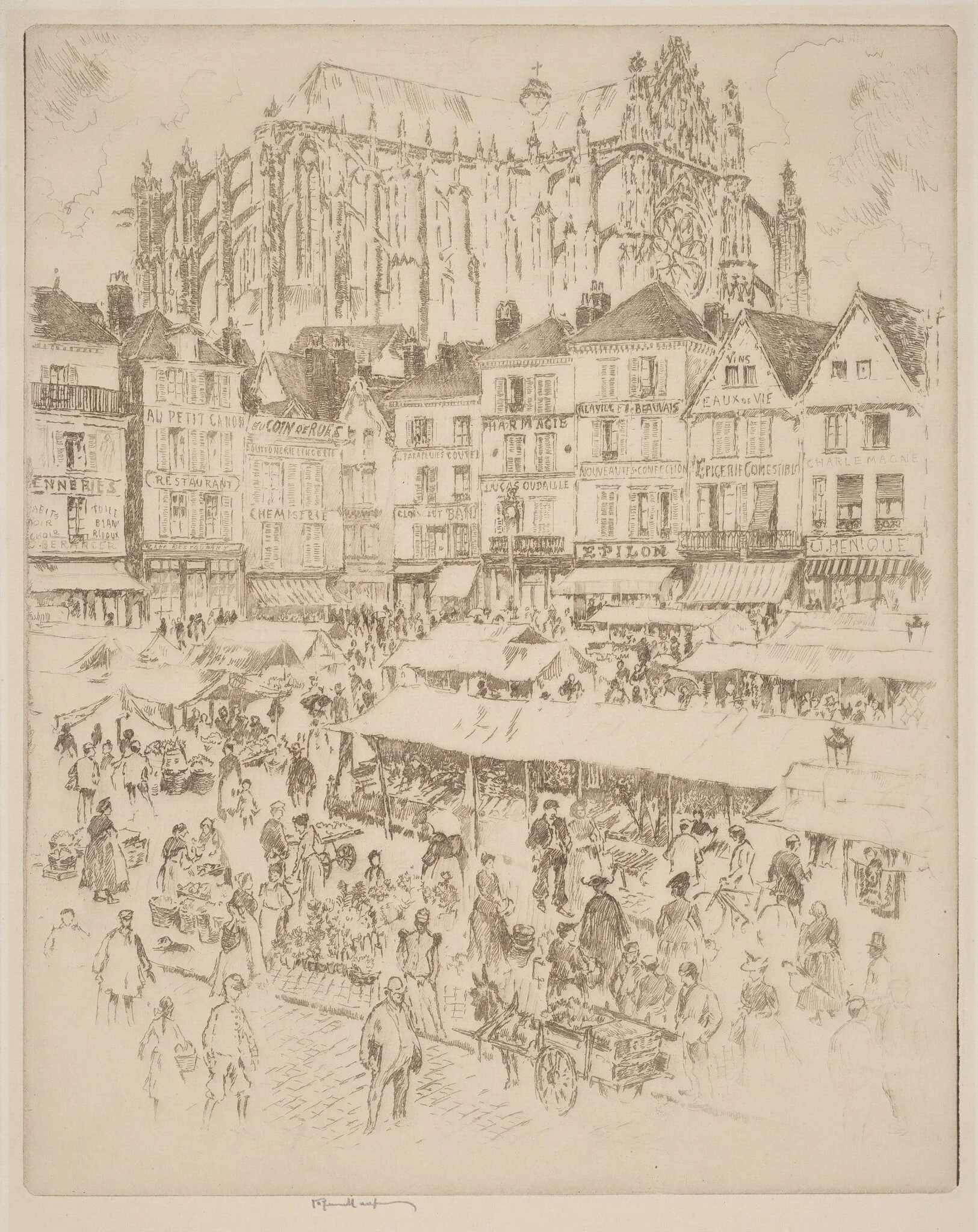 La Place, Beauvais, by Joseph Pennell, ink, 1907