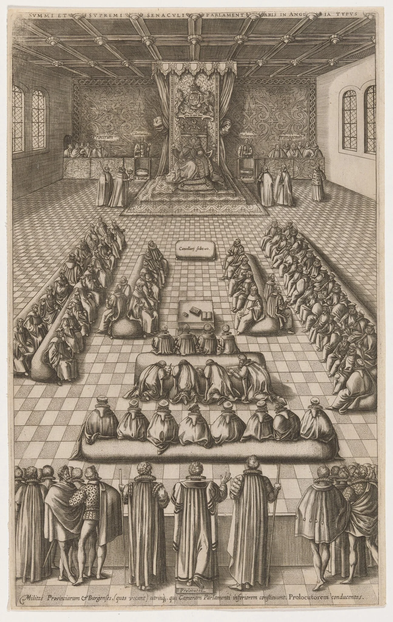 Queen Elizabeth in Parliament, by Renold Elstrack, ink, 1608