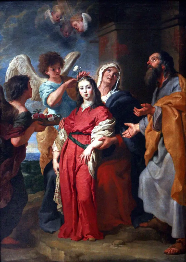 Adolescent Virgin decorated by Angels in the presence of Joachim and Saint Anne