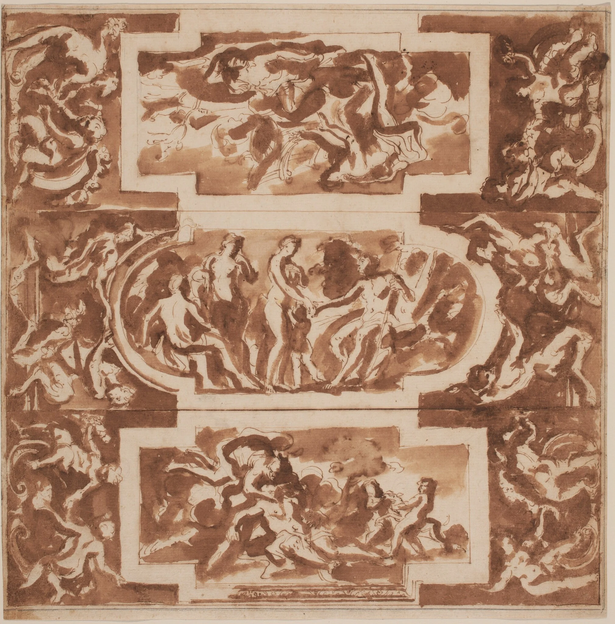 Modello for a Ceiling: Diana and the Dead Endymion, the Judgment of Paris, and the Death of Adonis, by Nicolas Poussin, chalk, 1641