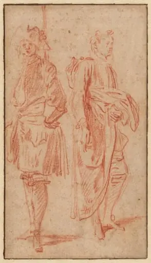 Two Standing Soldiers, One Wearing a Hat