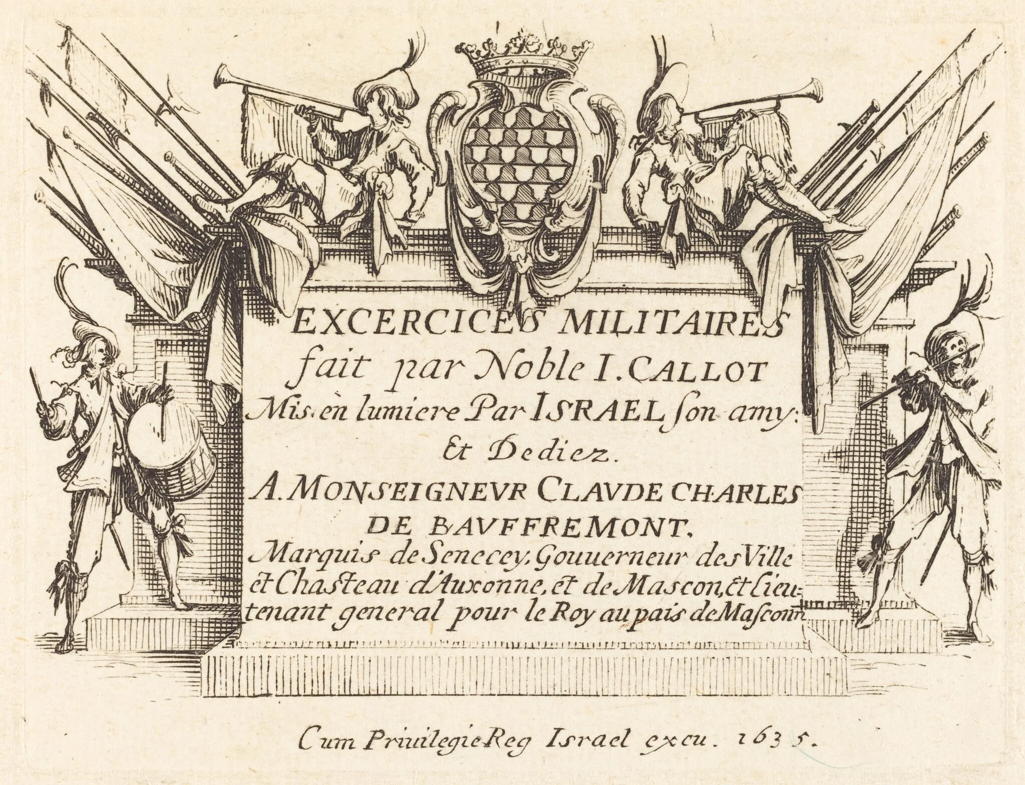 Title Page for "The Military Exercises", by Jacques Callot, ink, 1634