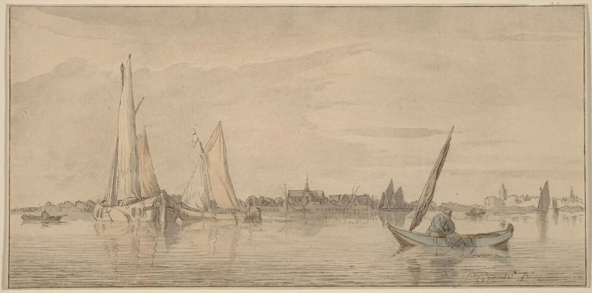 River with Town, by Jacobus Buys, ink, 1775
