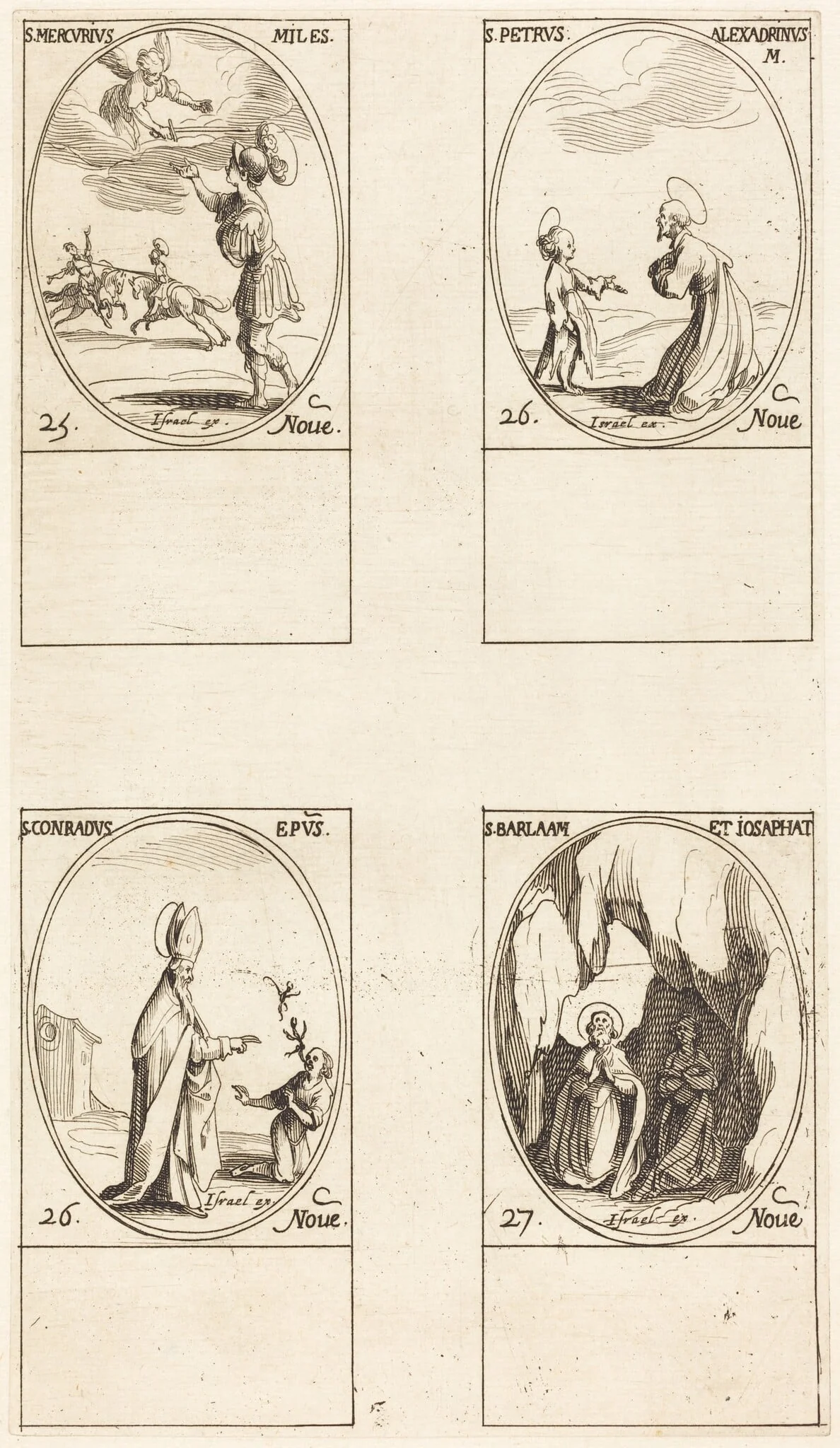 St. Mercury; St. Peter of Alexandria; St. Conrad; Sts. Barlaam and Josaphat, by Jacques Callot, ink, 1634