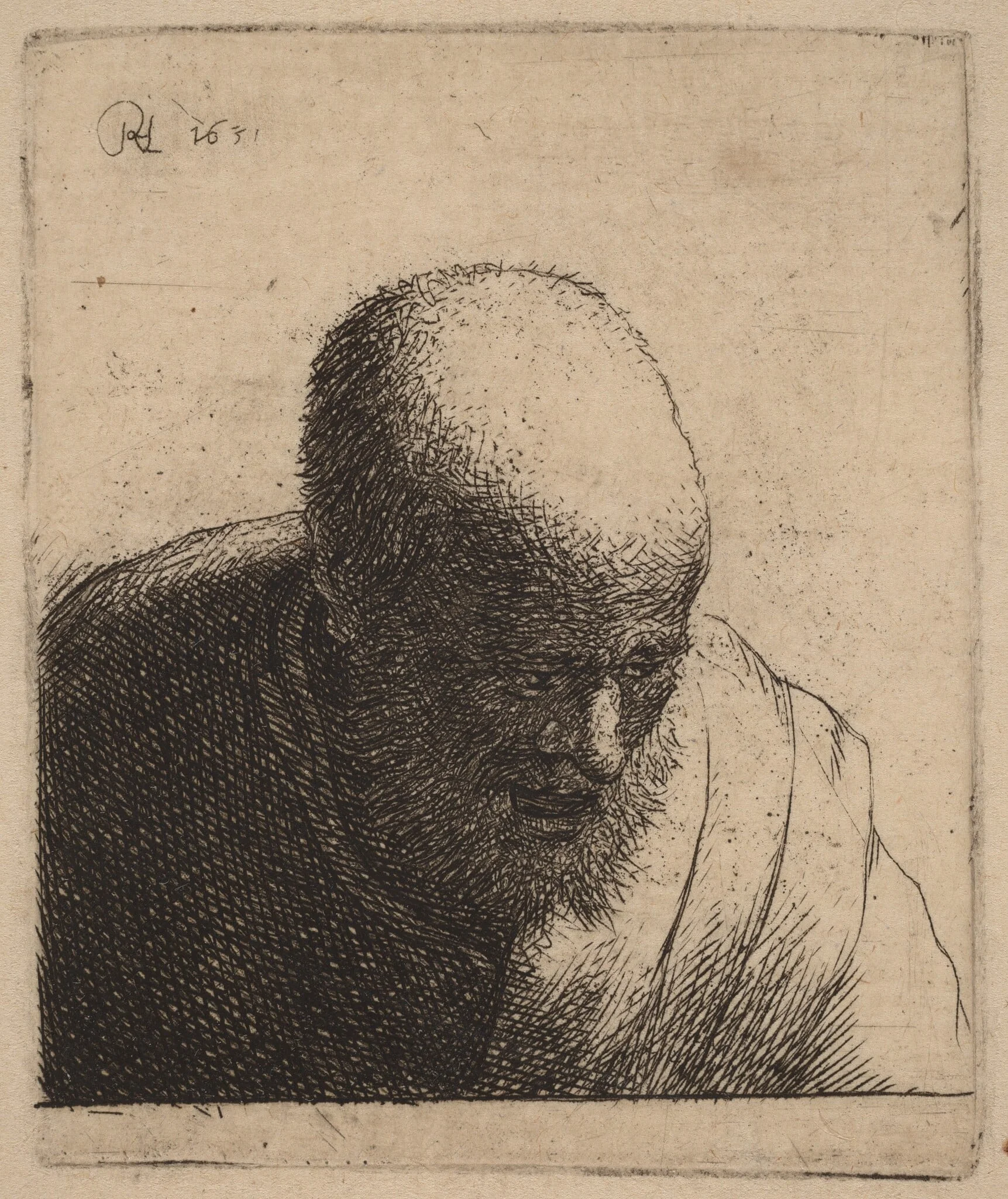 Bald Man with Open Mouth, Looking Down, by Rembrandt, ink, 1630
