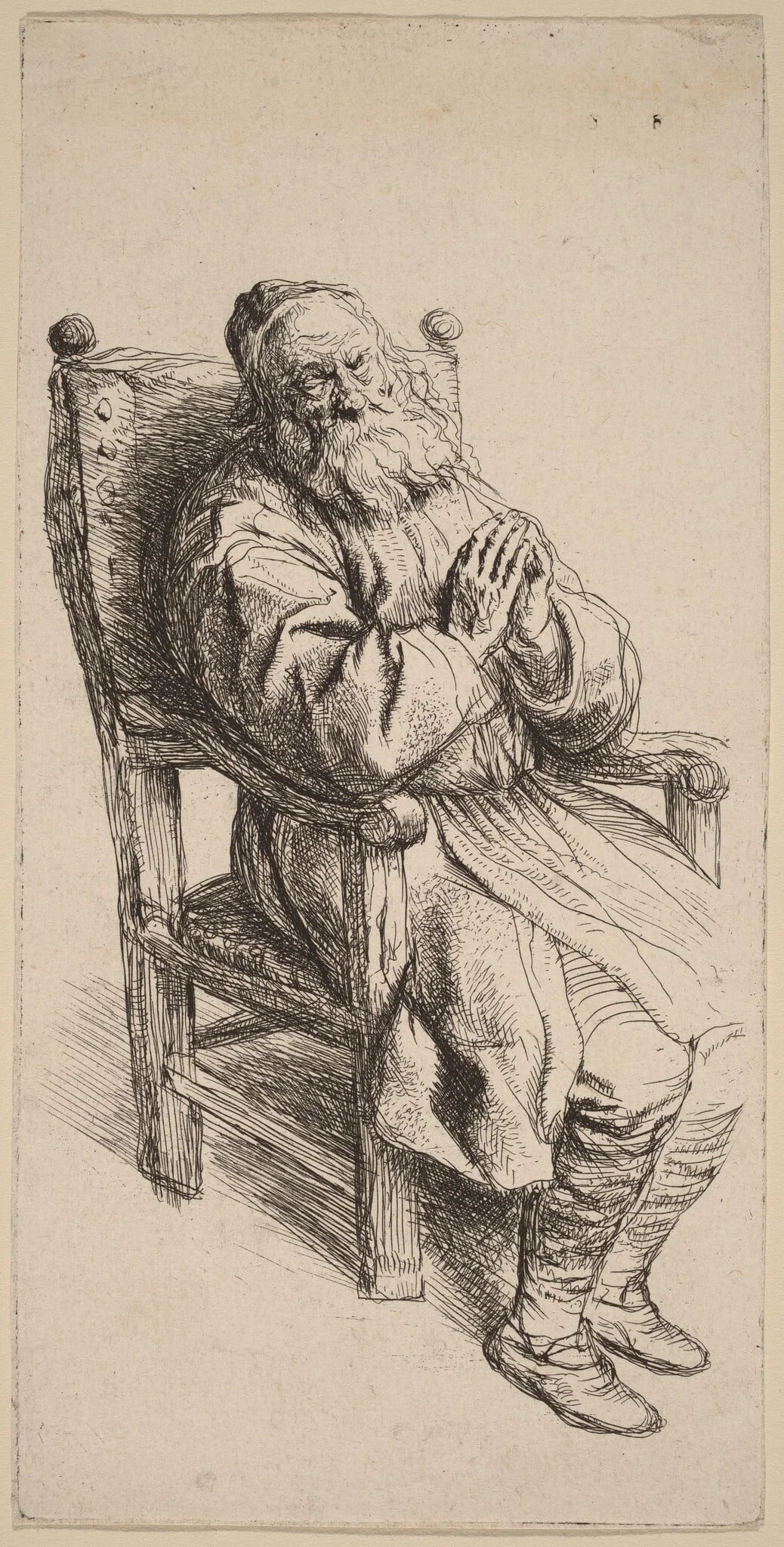 Old Man Sleeping in an Armchair, by Salomon Koninck, ink, 1632