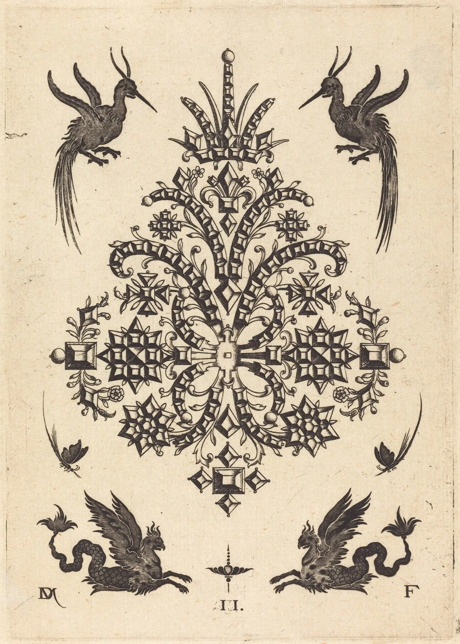 Brooch with Tablestones and Winged Griffins Above and at Bottom, by Daniel Mignot, ink, 1596