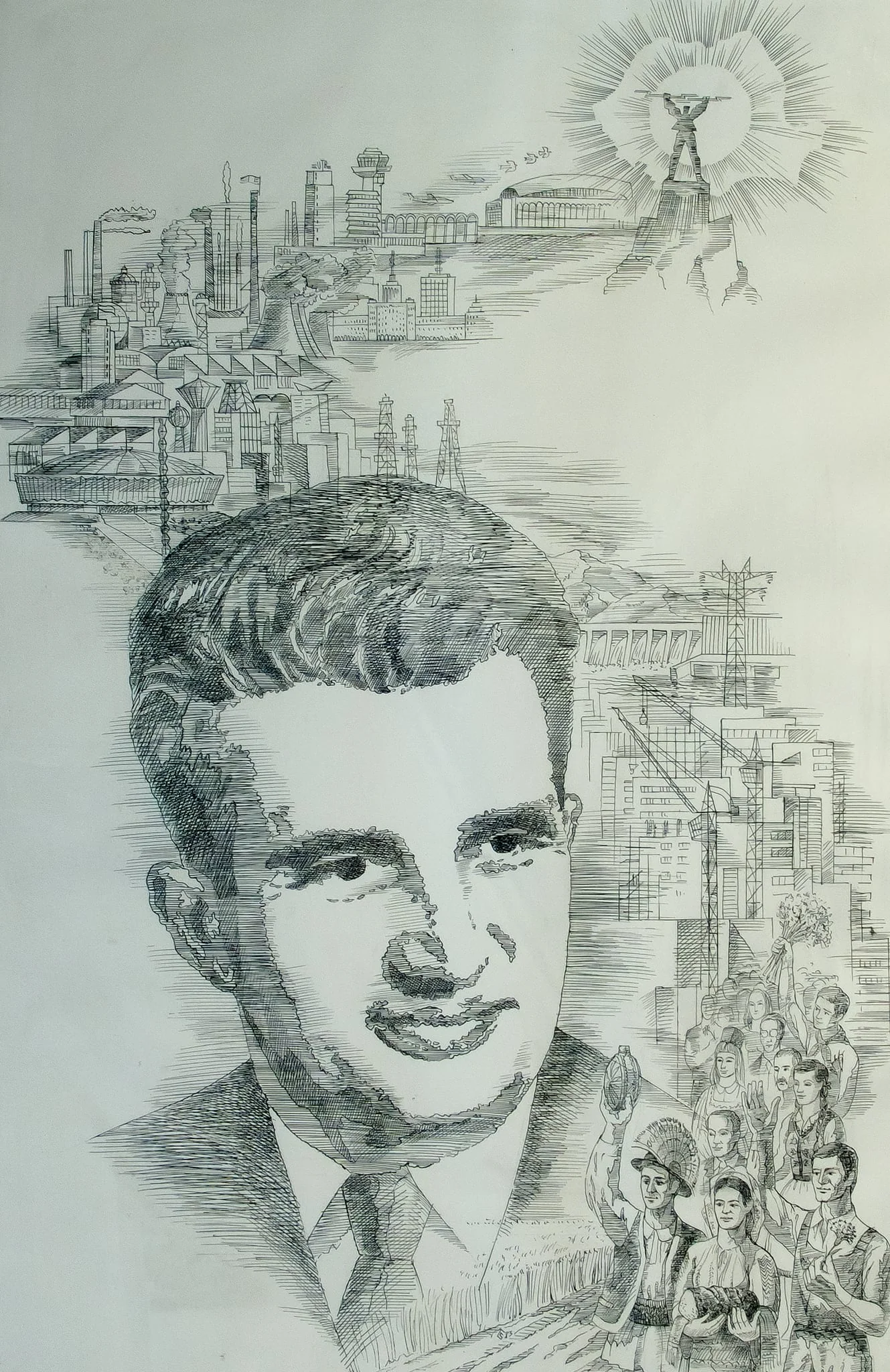Tablou, desen cu tuș, portret Nicolae Ceaușescu pe fundal industrial, nesemnat, nedatat; atribuit lui Levente Csutak. Fundalul industrial este prezentat sub forma unui drum al realizărilor socialismului - la baza drumului stau oamenii muncii, continuă cu realizările: fabrici, uzine, combinate, hidrocentrala de la Porțile de Fier, clădirea Circului de Stat, Sala Palatului, statuia lui Prometeu de la Barajul Vidraru este luminată de un soare în formă de harta RSR. Deși nu este o realizare a socialismului este reprezentată și Coloana Infinitului a lui Brâncuși. Oferit de Comitetul Județean de Partid Brașov (1983)., by Levente Csutak, 1990