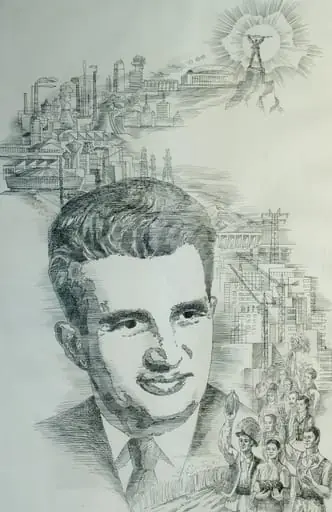 Tablou, desen cu tuș, portret Nicolae Ceaușescu pe fundal industrial, nesemnat, nedatat; atribuit lui Levente Csutak. Fundalul industrial este prezentat sub forma unui drum al realizărilor socialismului - la baza drumului stau oamenii muncii, continuă cu realizările: fabrici, uzine, combinate, hidrocentrala de la Porțile de Fier, clădirea Circului de Stat, Sala Palatului, statuia lui Prometeu de la Barajul Vidraru este luminată de un soare în formă de harta RSR. Deși nu este o realizare a socialismului este reprezentată și Coloana Infinitului a lui Brâncuși. Oferit de Comitetul Județean de Partid Brașov (1983).