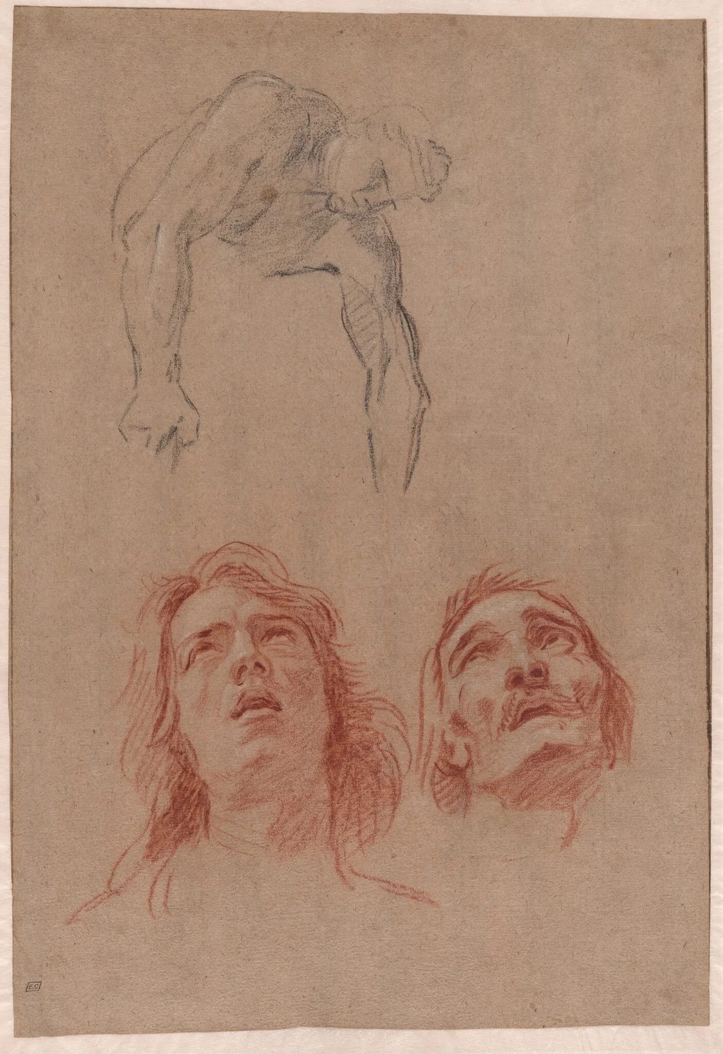 Man Reaching Down and Two Studies of Heads (recto), by Jean-Baptiste Jouvenet, chalk, 1698