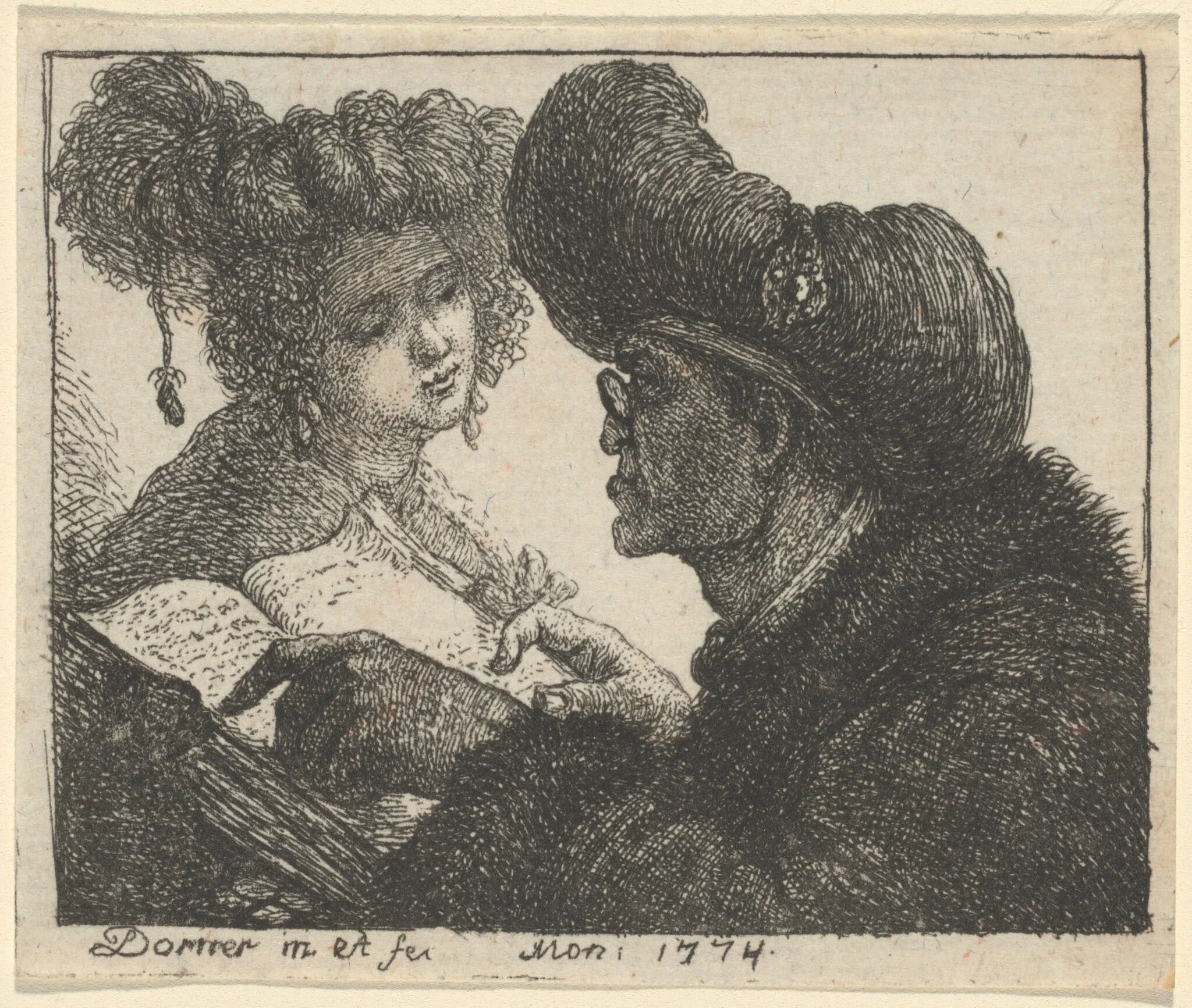 A Man in a Turban Reading to a Young Woman, by Johann Jakob Dorner the Elder, ink, 1774