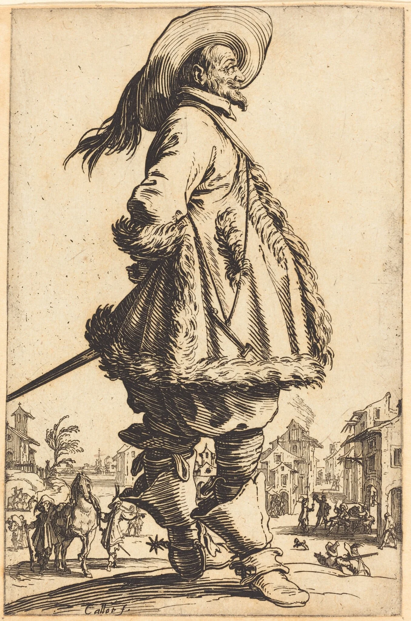Noble Man with Mantle Trimmed in Fur,  Holding his Hands Behind his Back, by Jacques Callot, ink, 1622