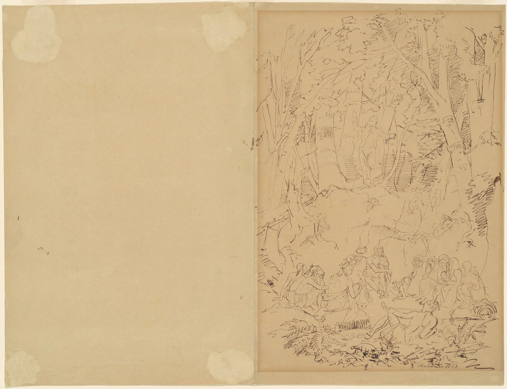 Eighteenth-Century Colonist Preaching to Indians, by Emanuel Leutze, ink, 1852