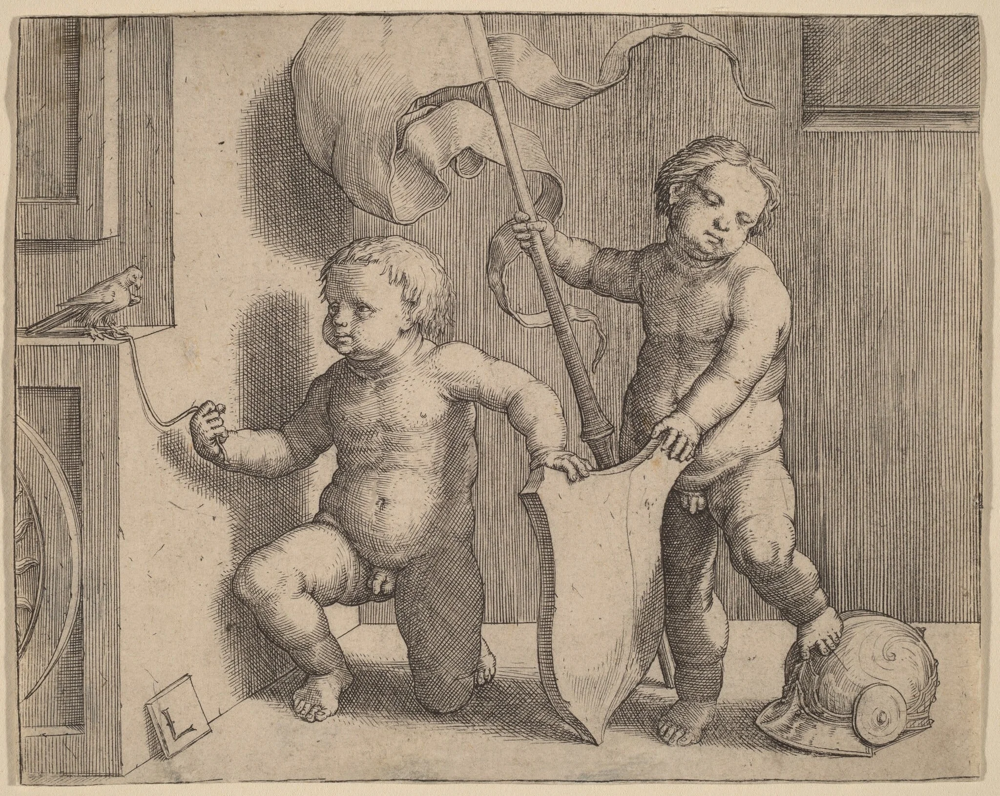 Two Naked Children Supporting a Blank Shield, by Lucas van Leyden, ink, 1519