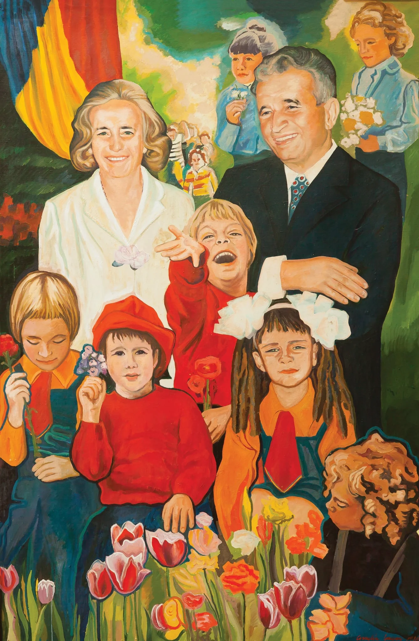 Tablou, ulei pe pânză, „Nicolae și Elena Ceaușescu în mijlocul unui grup de pioneri și șoimi ai patriei”, semant în partea dreaptă jos Cornelia Ionescu și datat 1981. Comandat și oferit de Consiliul Național al Pionerilor, 14.X.1981., by Cornelia Ionescu Drăgușin