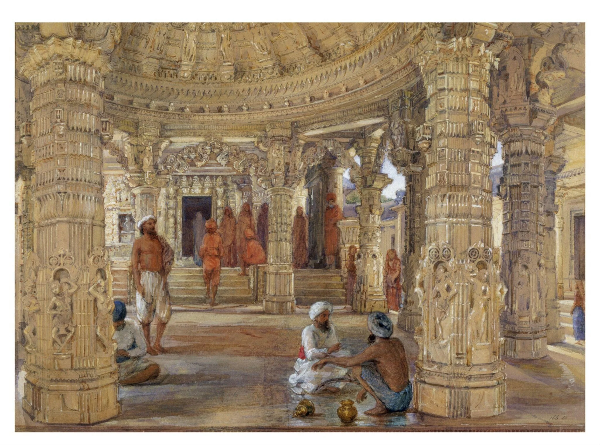 Interior of the domed entrance to the  Neminath temple, Dilwara, Mount Abu, by William Carpenter, paint, 1851