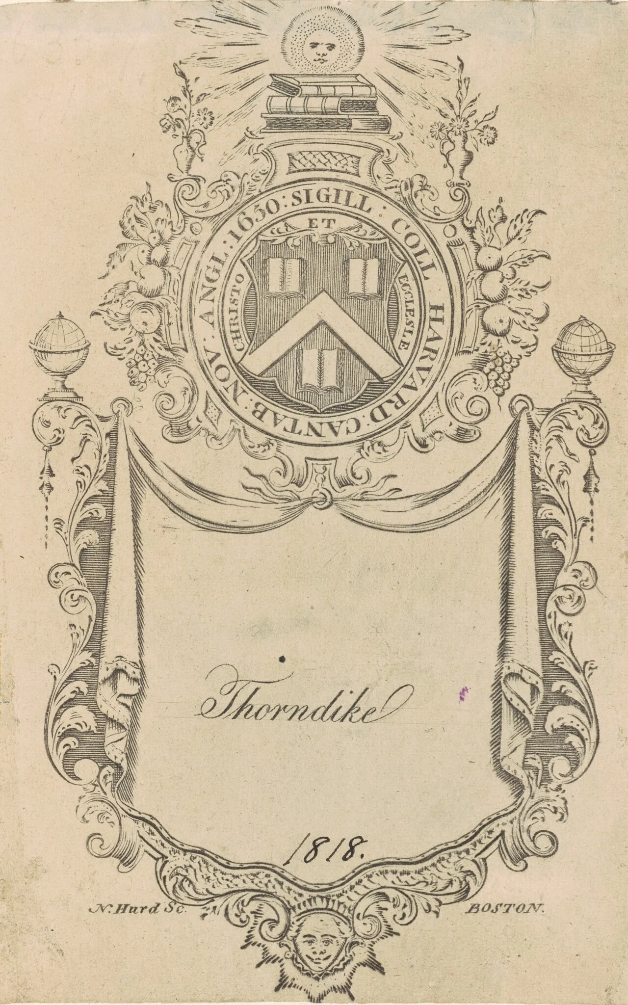 Harvard College Bookplate with the Christo et Ecclesiæ Seal, by Nathaniel Hurd, ink, 1765