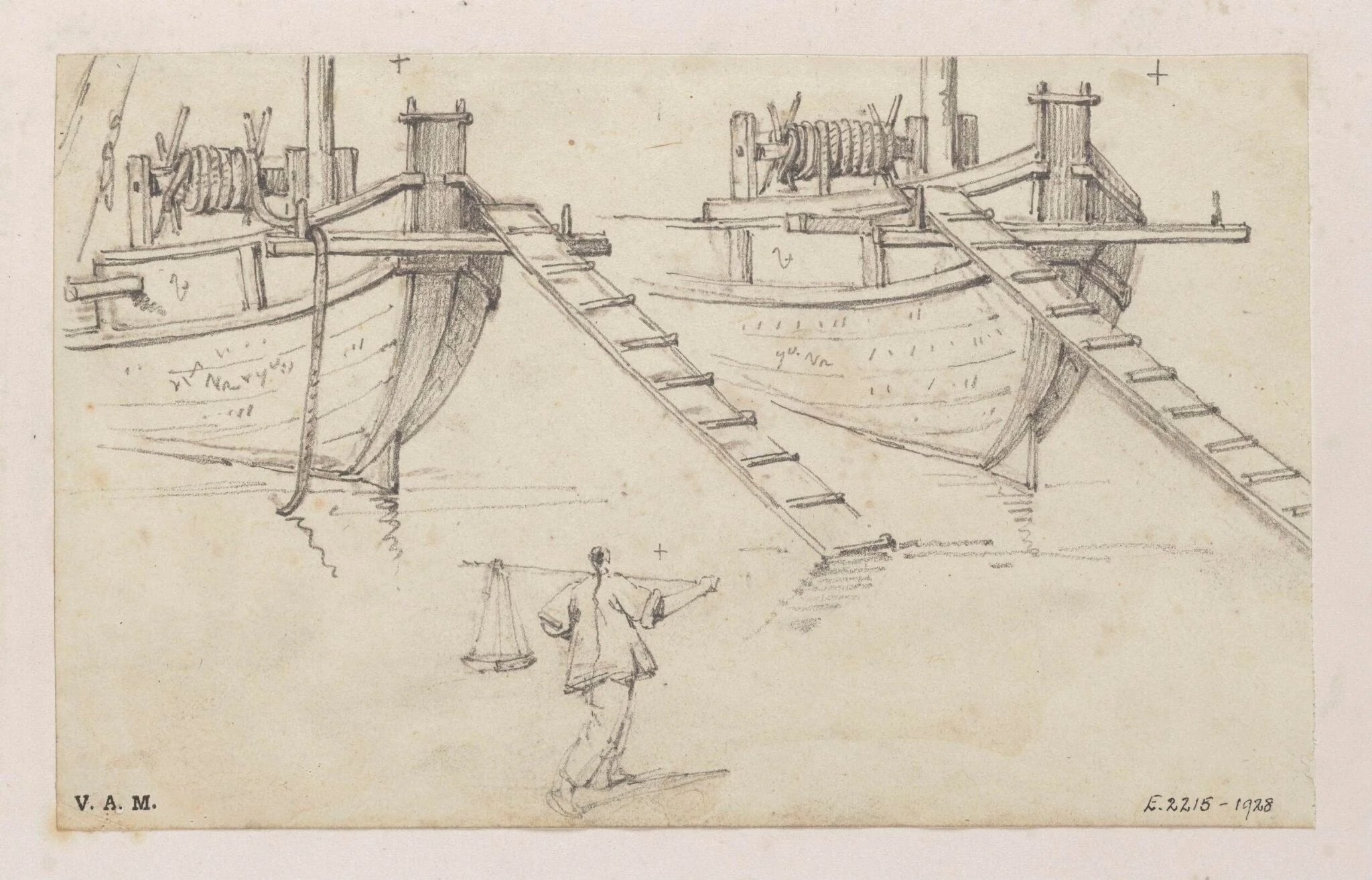 Two drawings of the prow of a Chinese boat, by George Chinnery, 19