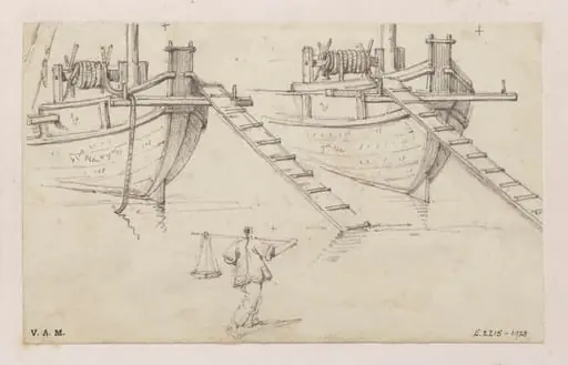 Two drawings of the prow of a Chinese boat
