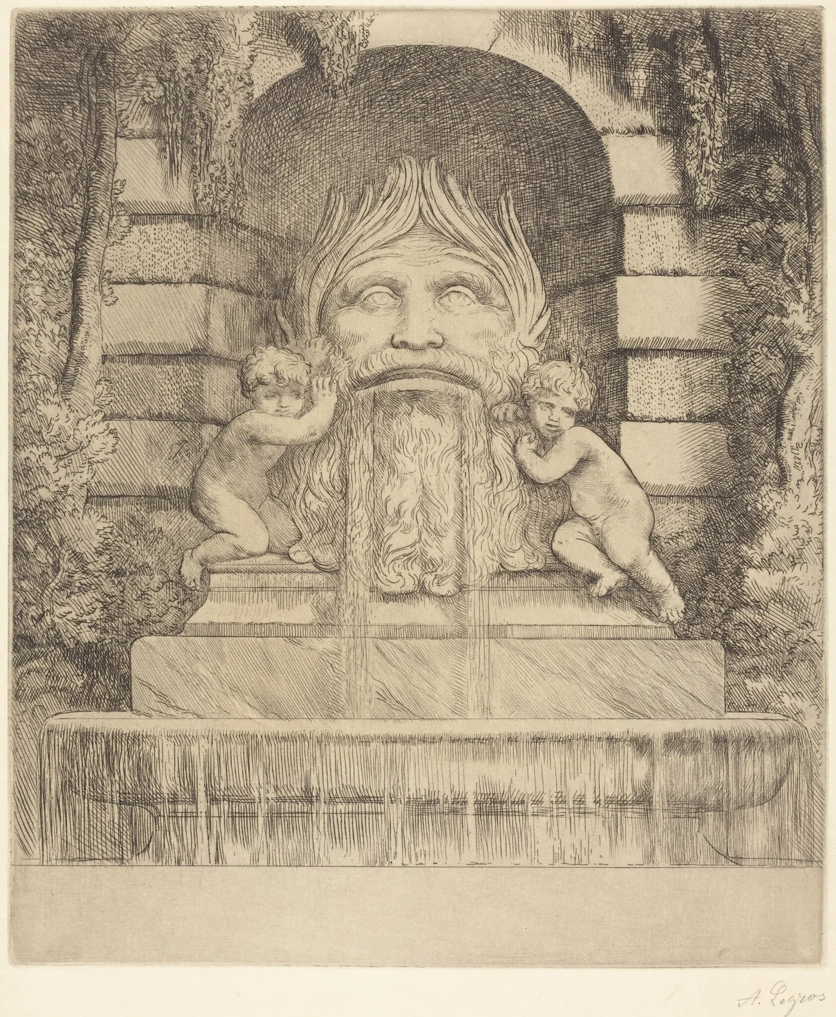 Fountain: Grotesque, Children and Basin (Une fountaine: Masque, enfants et bassin), by Alphonse Legros, ink, 1874