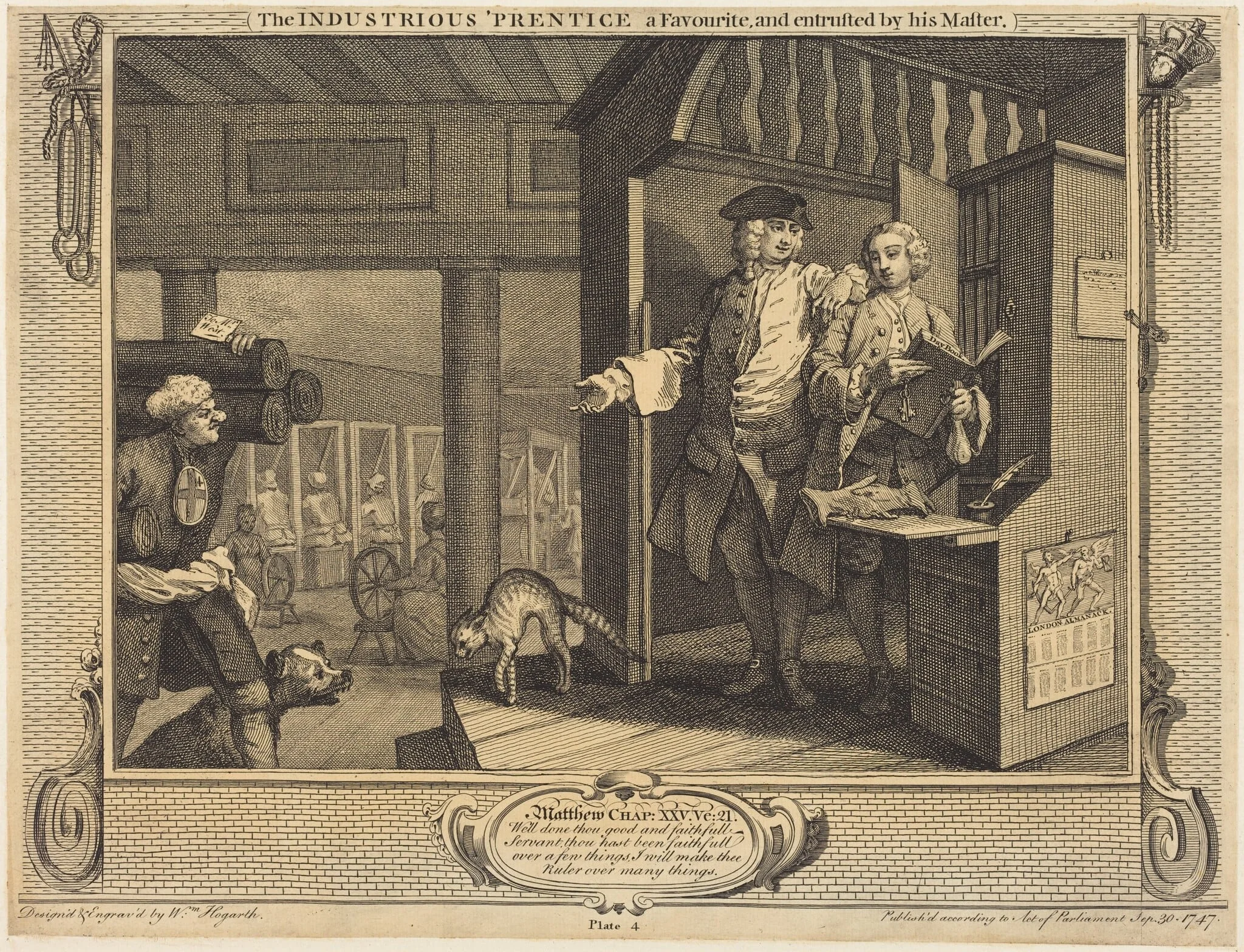The Industrious 'Prentice a Favorite, and entrusted by his Master, by William Hogarth, ink, 1747