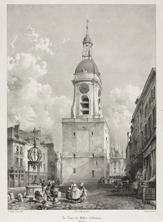 Picturesque and Romantic Travels in Old France, Picardie:  The Belfry Tower of Amiens, Picardie (Voyages pittoresques et romantiques dans l'ancienne France, Picardie : La Tour du Beffroi d' Amiens, Picardie), after François Bonhommé (French, 1809-1881), by Louis Haghe, 1835