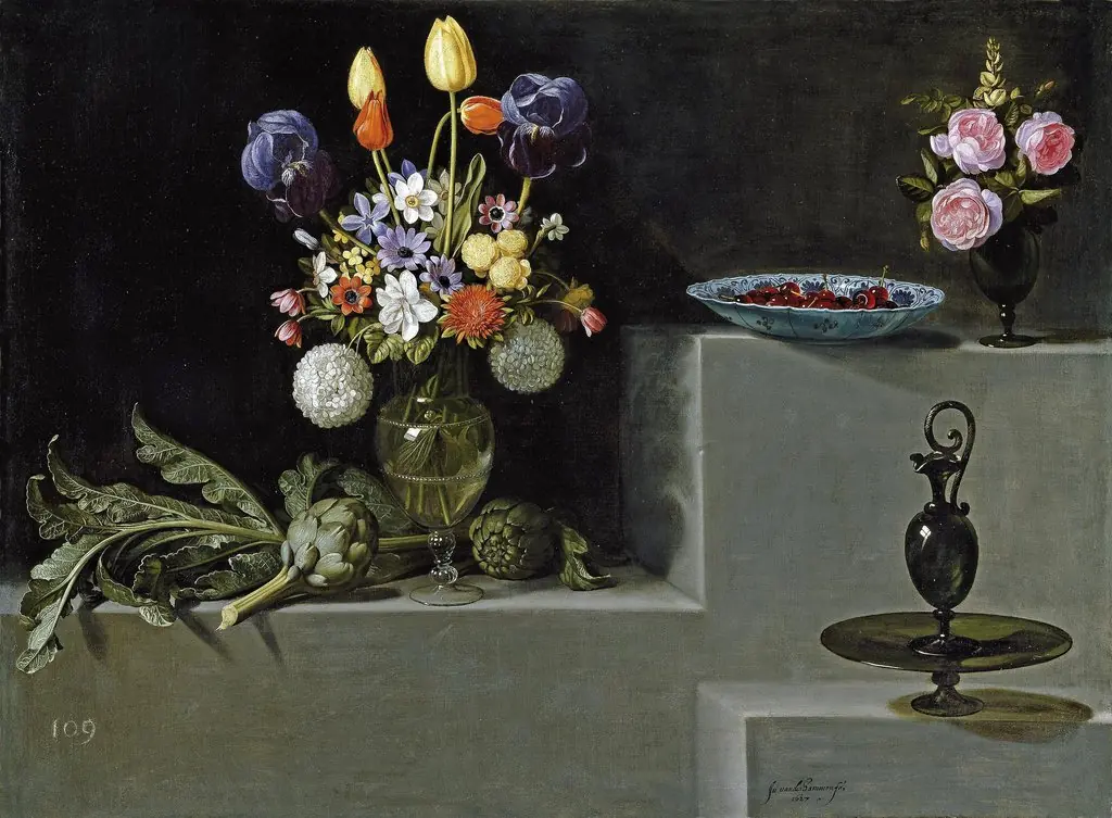 Still life with Artichokes, Flowers and glass Vessels