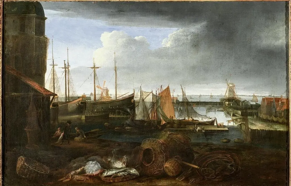 View of the harbor of Hoorn, with a still life of fish and baskets in the foreground