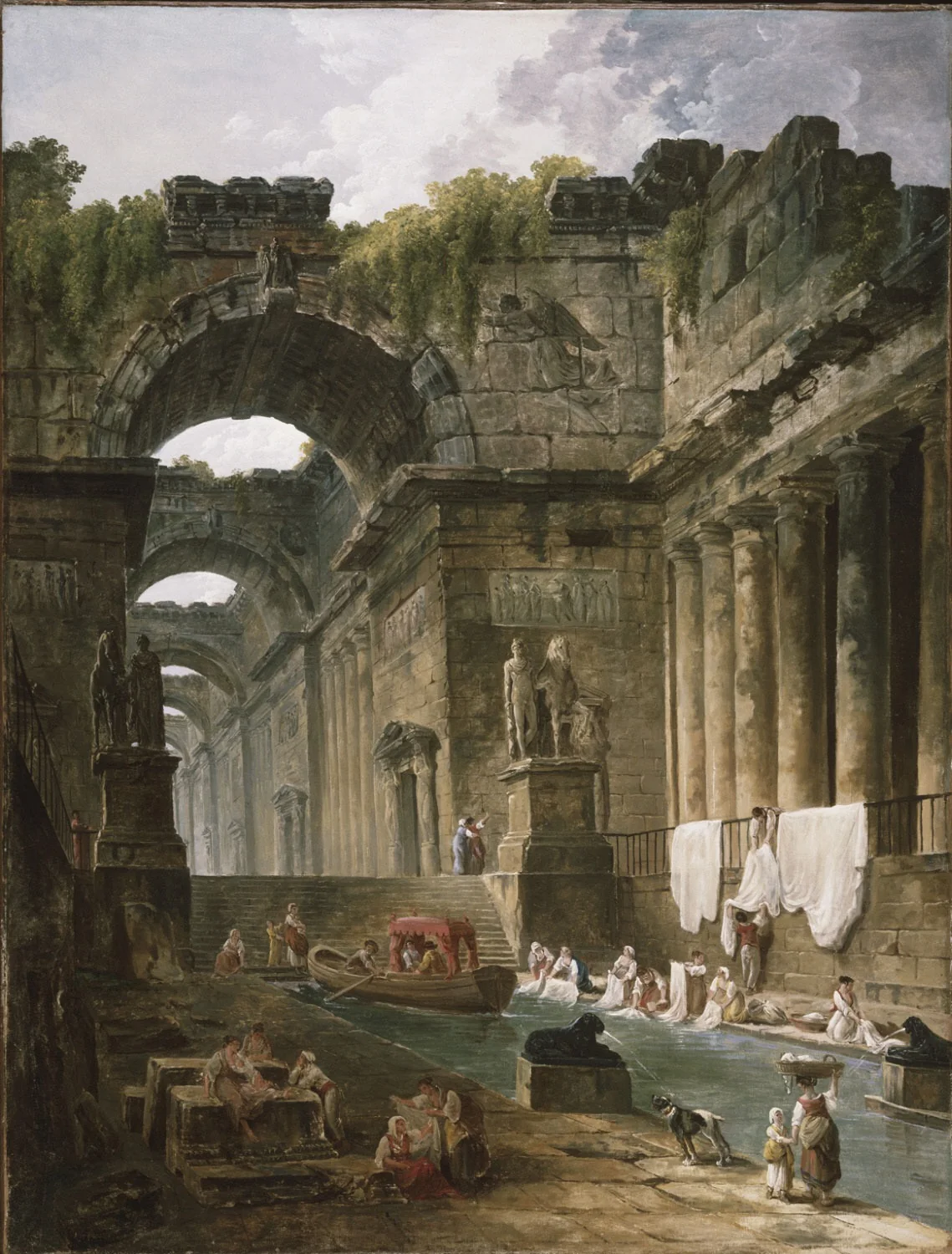 Ruins of a Roman Bath with Washerwomen, by Hubert Robert, oil, 1766
