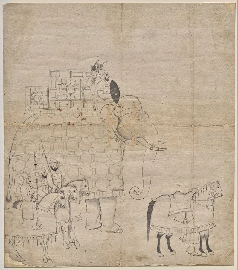 Caparisoned Elephant and Horses, by Unknown, 1752