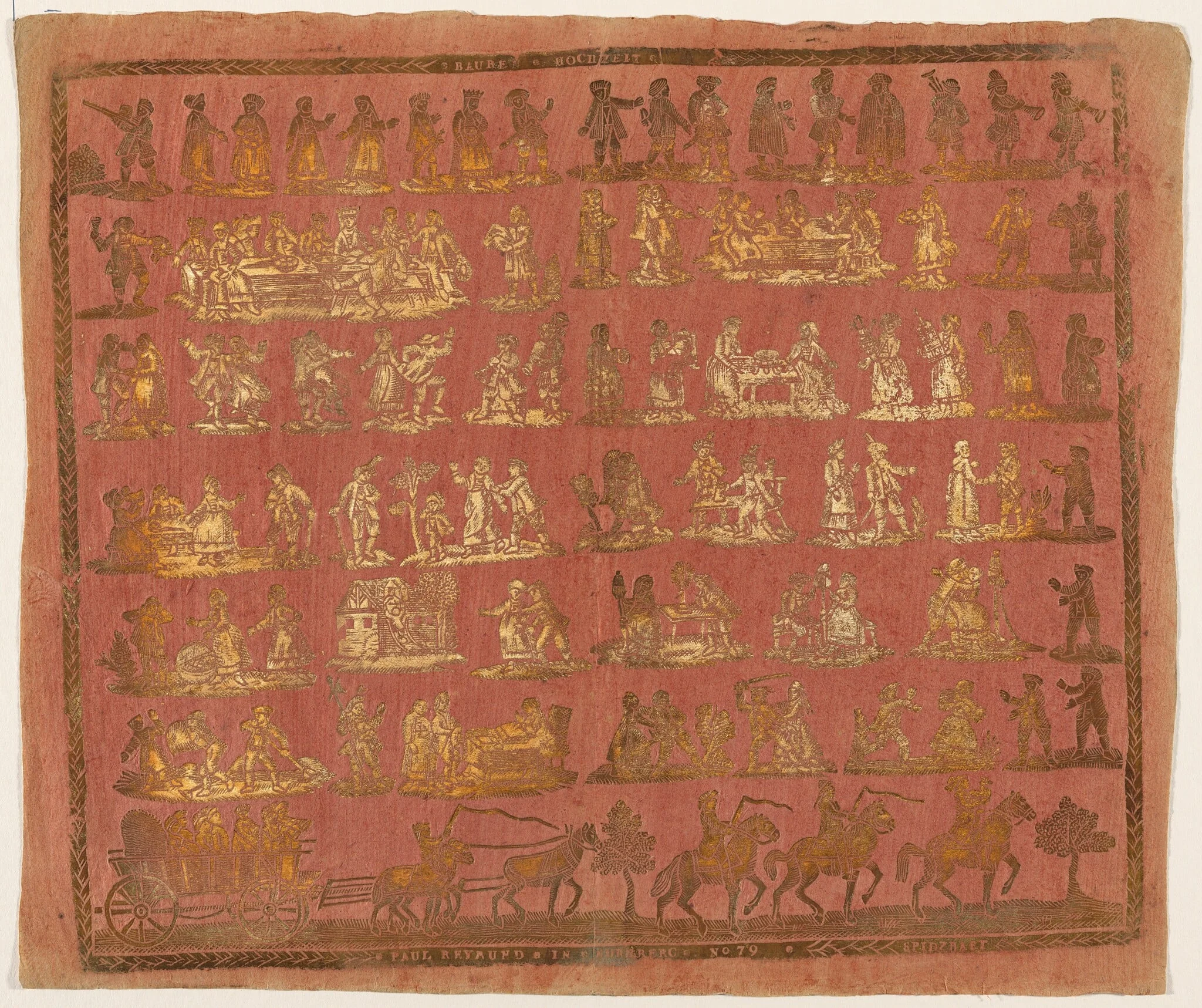 Endpaper with Peasant Wedding, by Paul Reimund, ink, 1780