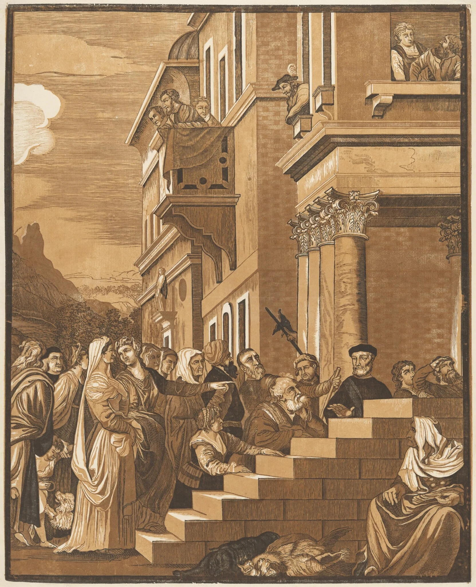 Presentation of the Virgin in the Temple (Center Panel), by John Baptist Jackson, ink, 1742