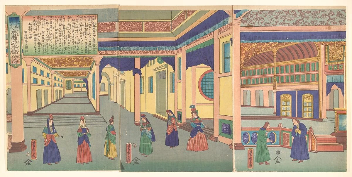 万国名勝尽競之内魯西亜本都伯徳|Heidoru (St. Petersberg), Capital of Russia, from  the series Famous Places from All Nations (Bankoku meisho zukushi - Oroshiya miyako heidoru), by Utagawa Yoshitora, ink, 2