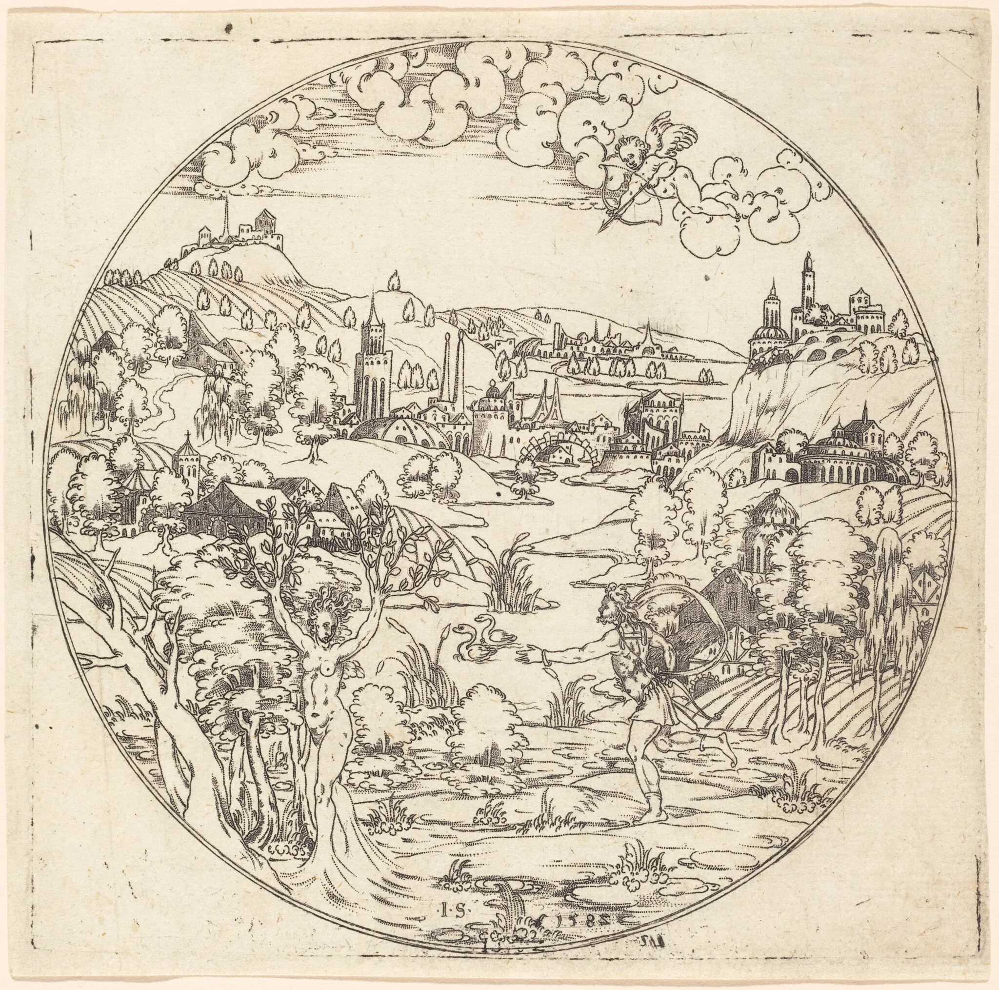 Apollo and Daphne, by Jonas Silber, ink, 1582