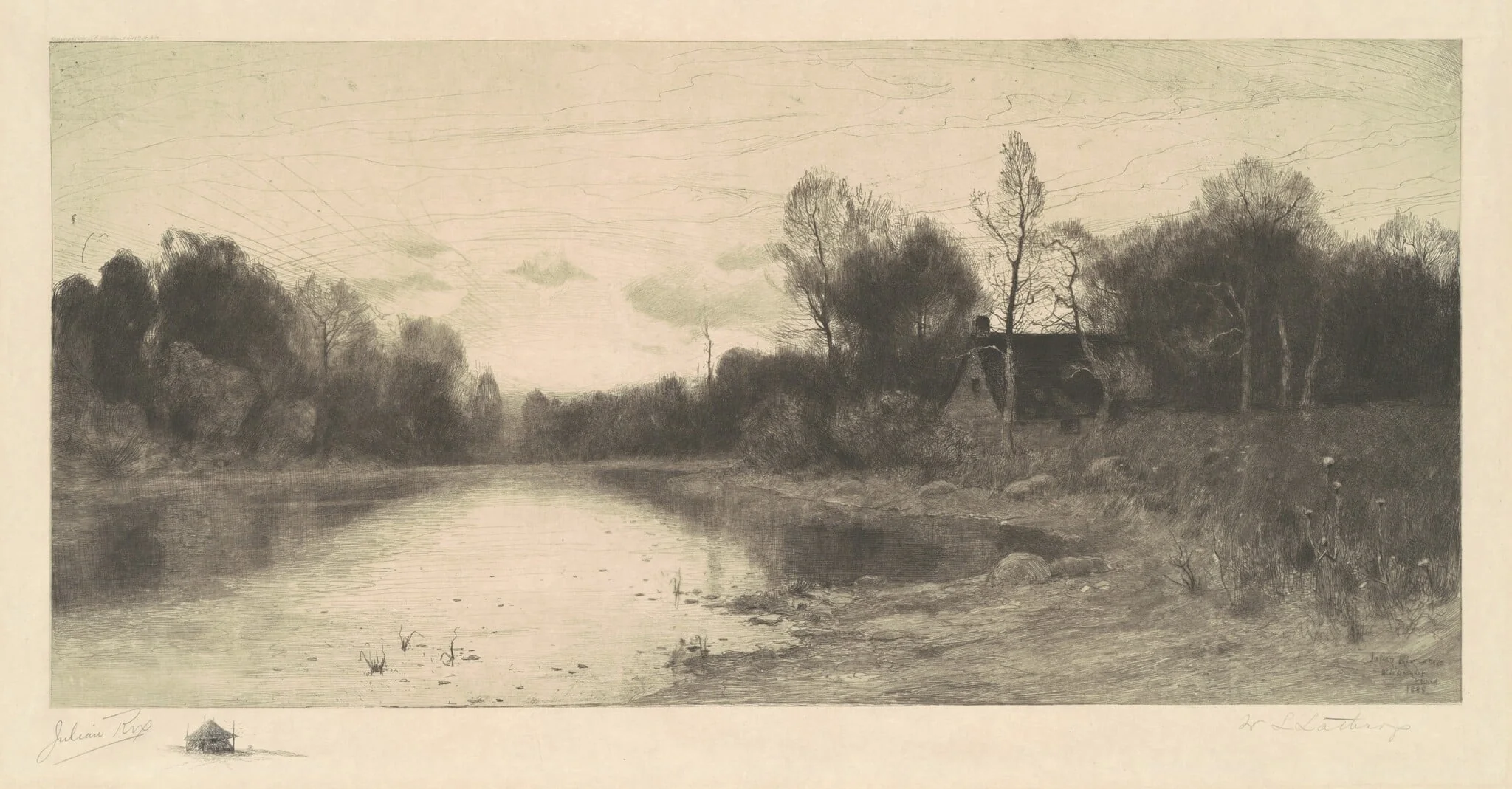 On the Wanaque, by William Langson Lathrop, ink, 1888