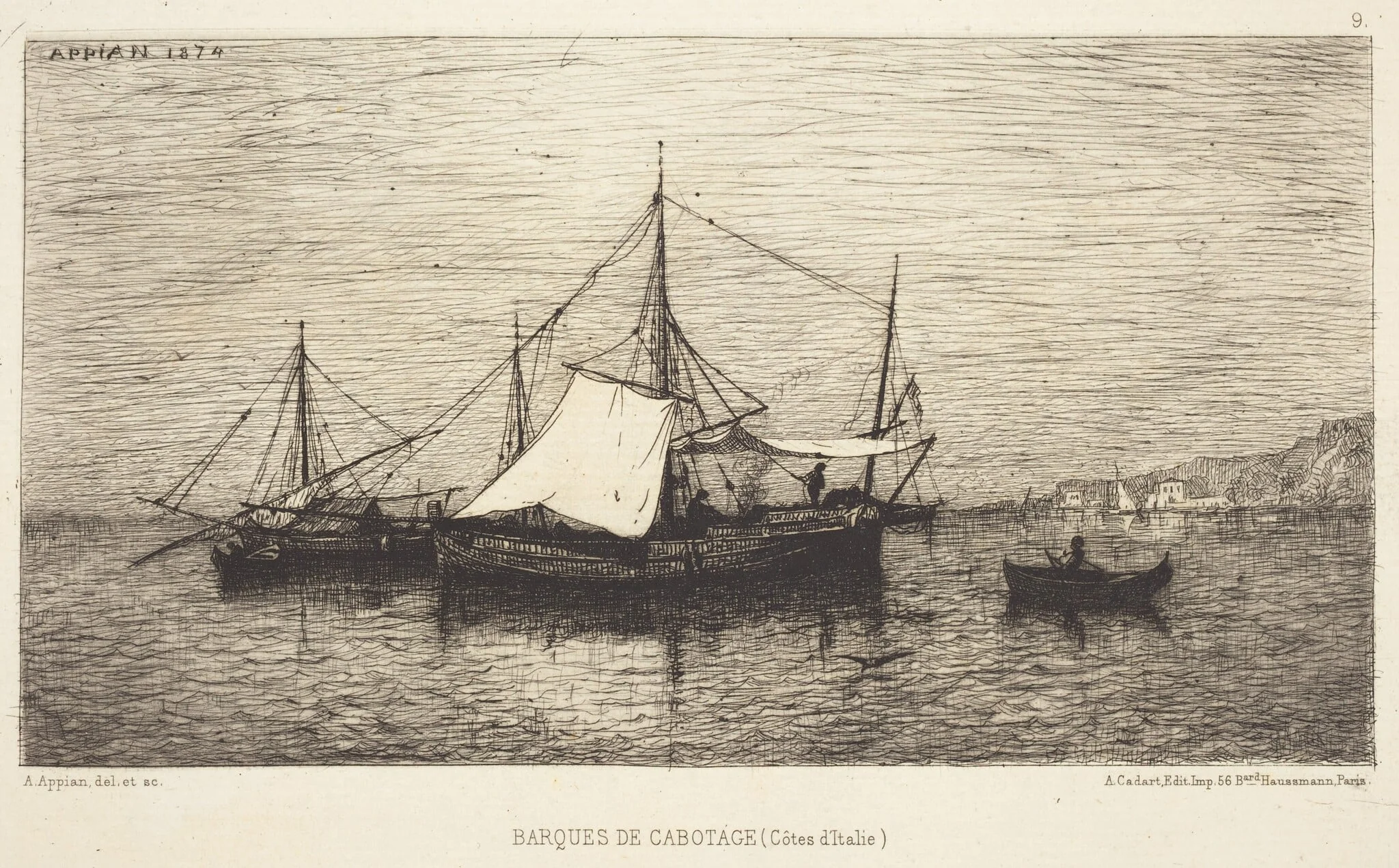 Barques de Cabotage, by Adolphe Appian, ink, 1858