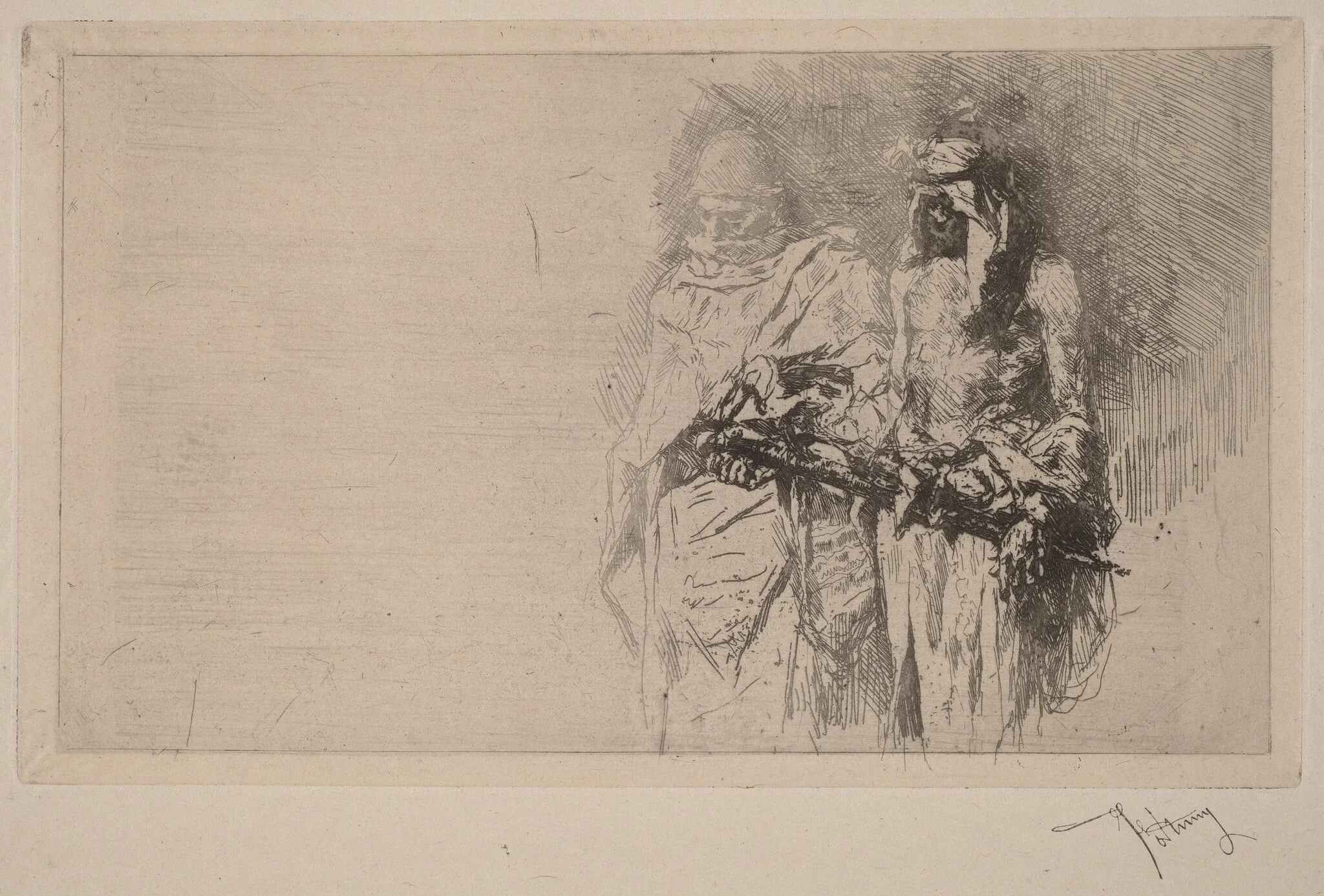 Croquis (Two Arabian Figures), by Mariano Fortuny Marsal, ink, 1865
