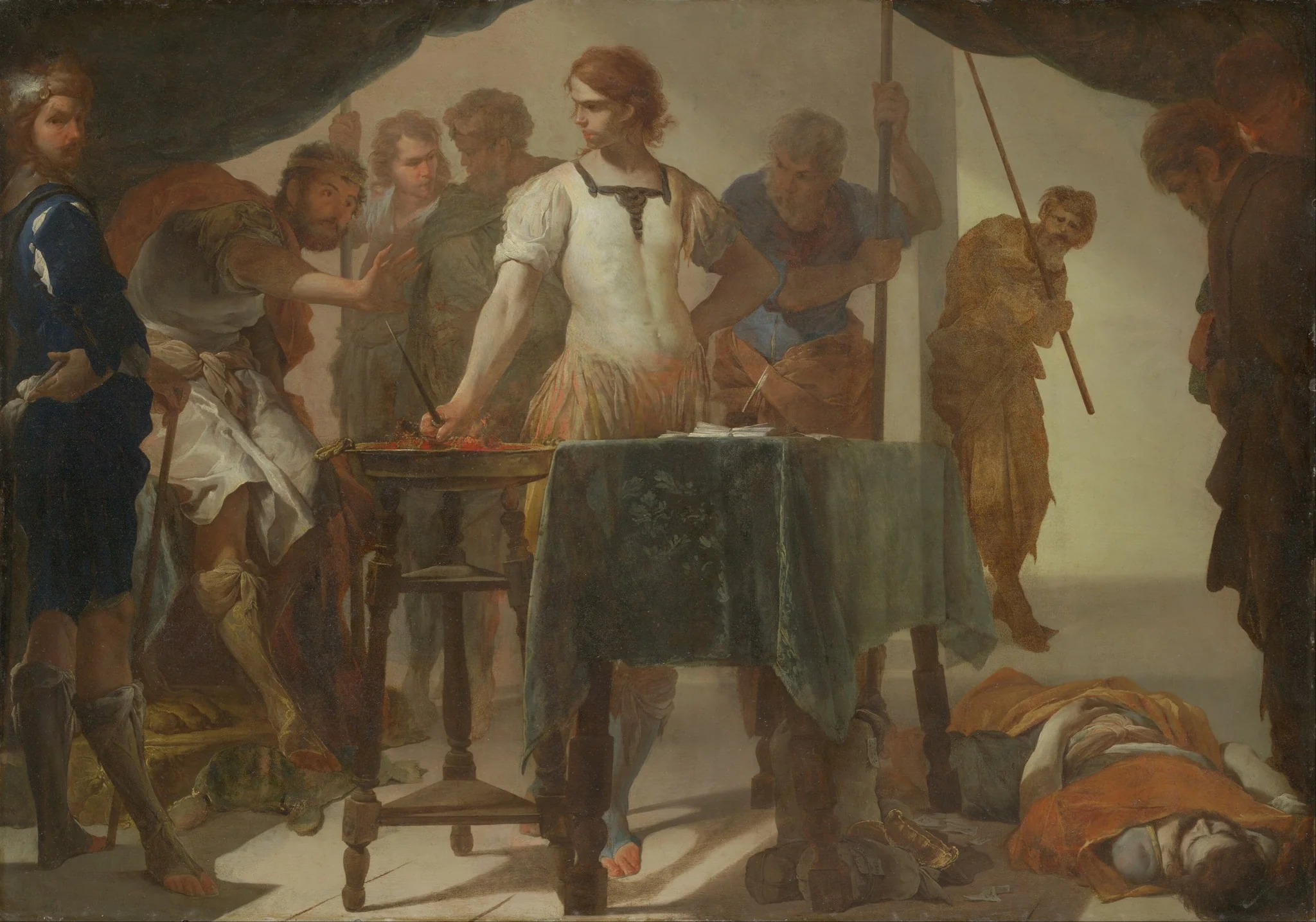 Mucius Scaevola Confronting King Porsenna, by Bernardo Cavallino, oil, 1650