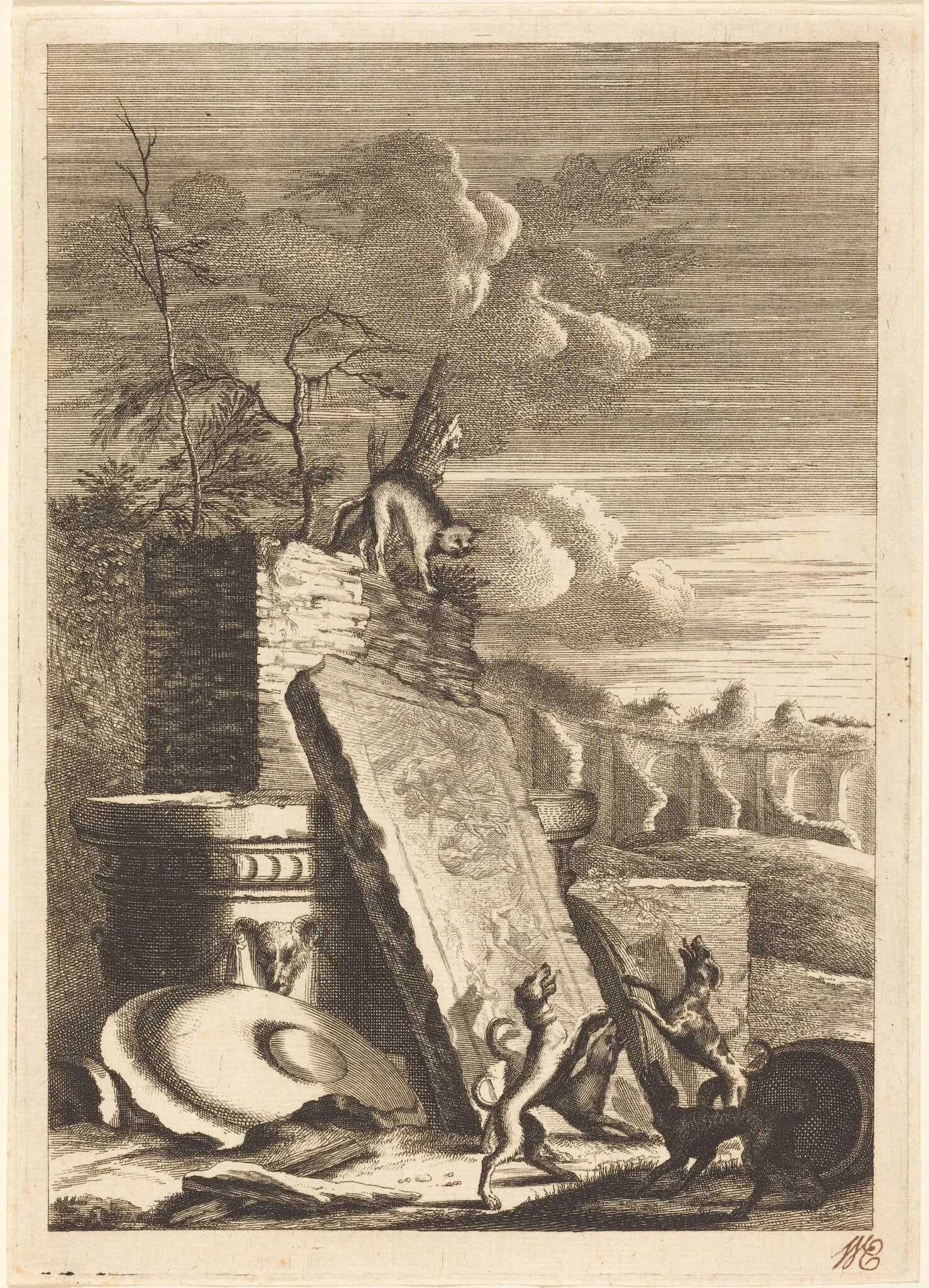Dogs Pursuing a Cat, by Bernhard Zaech, ink, 1650