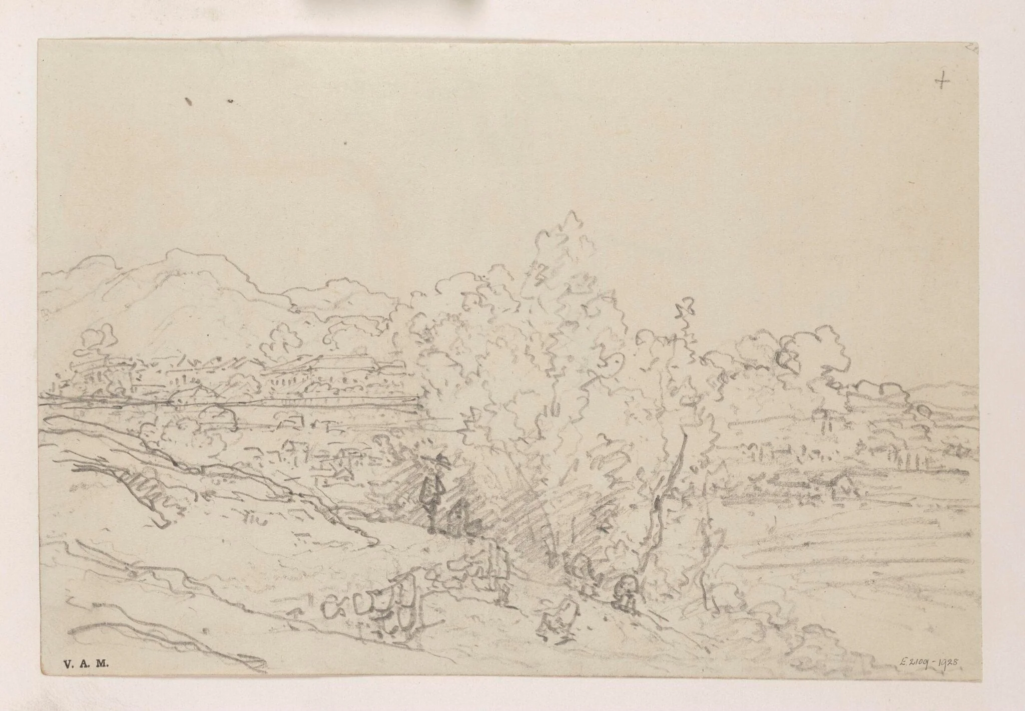 Fields and trees, with the city of Macau in the distance, by George Chinnery, 19