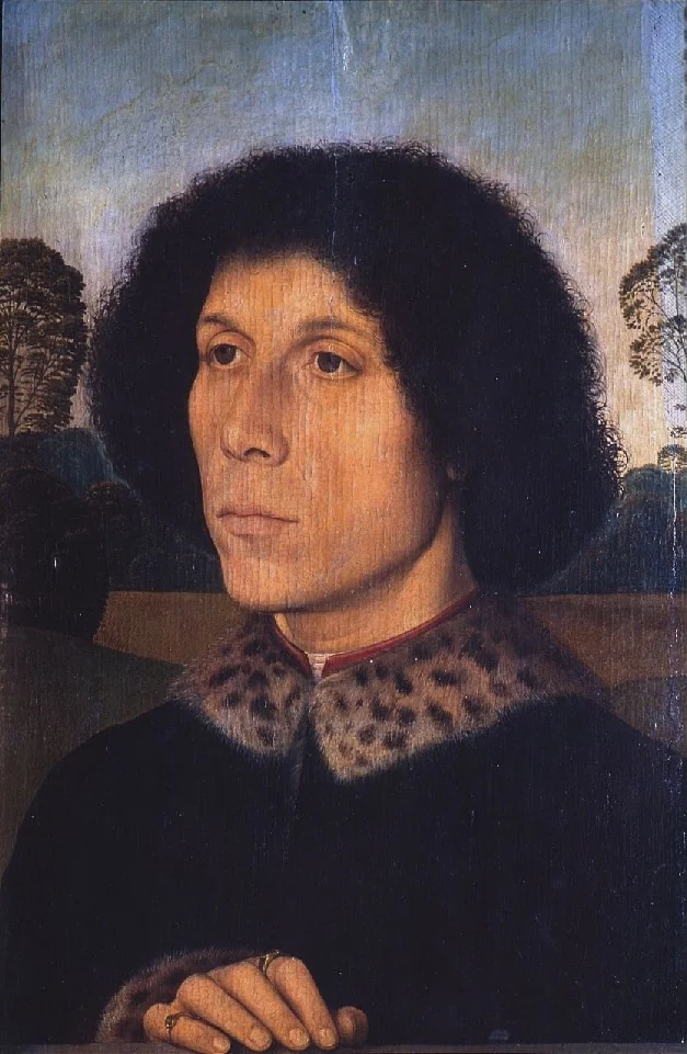 Portrait of an unknown Man in landscape, by Hans Memling, oil, 1490
