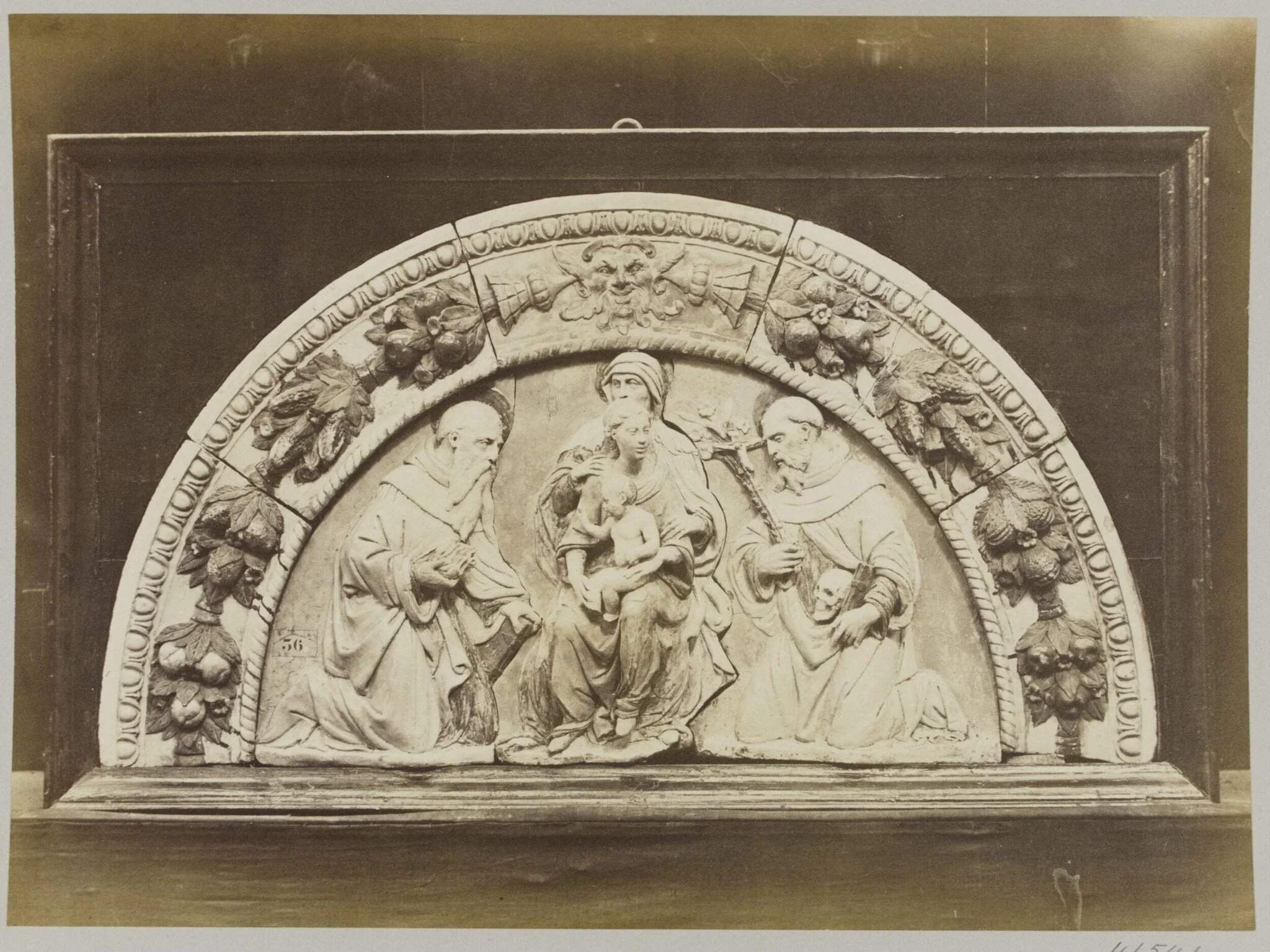 Top of an altar piece depicting the Holy Family in enamelled terra cotta, by Louise Laffon, photographic, 1864