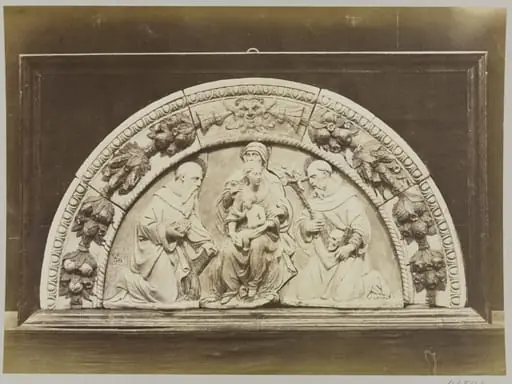 Top of an altar piece depicting the Holy Family in enamelled terra cotta