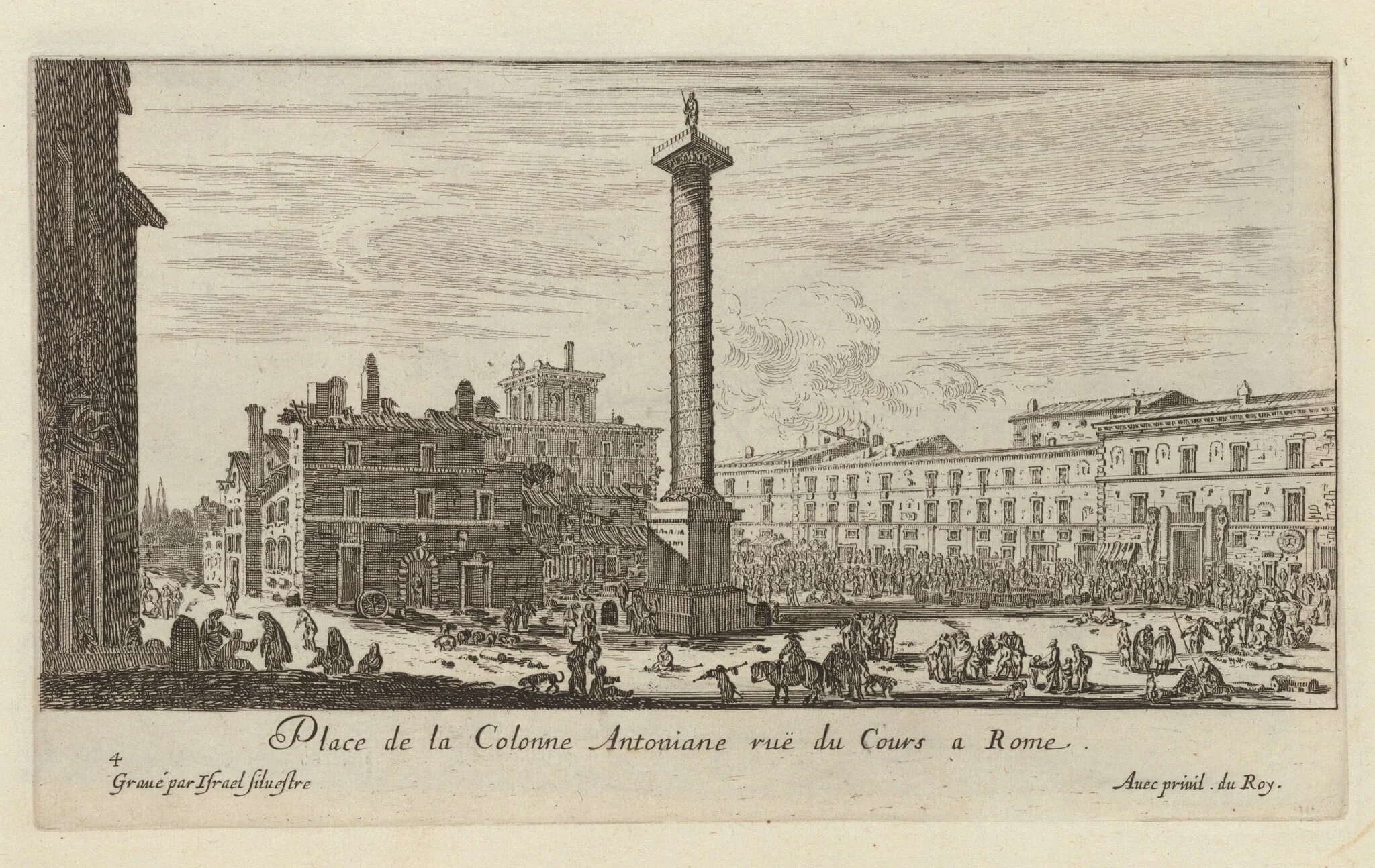 Place de la Colonne Antoniane ruë du Cours a Rome, by Israël Silvestre, ink, 1650